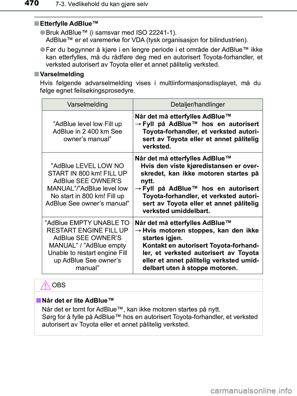 TOYOTA HILUX 2019  Instruksjoner for bruk (in Norwegian) 4707-3. Vedlikehold du kan gjøre selv
HILUX_OM_OM0K375NO_(EE)
nEtterfylle AdBlue™
lBruk AdBlue™ (i samsvar med ISO 22241-1).
AdBlue™ er et varemerke for VDA (tysk organisasjon for bilindustrien