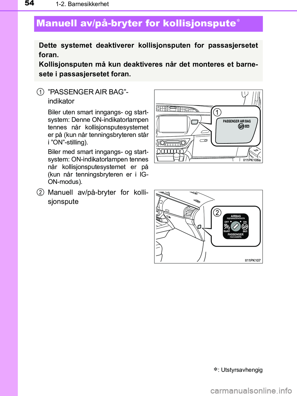 TOYOTA HILUX 2019 Instruksjoner for bruk (in Norwegian) 541-2. Barnesikkerhet
HILUX_OM_OM0K375NO_(EE)
Manuell av/på-bryter for kollisjonspute
”PASSENGER AIR BAG”-
indikator
Biler uten smart inngangs- og start-
system: Denne ON-indikatorlampen
tenn TOYOTA HILUX 2019 Instruksjoner for bruk (in Norwegian) 541-2. Barnesikkerhet
HILUX_OM_OM0K375NO_(EE)
Manuell av/på-bryter for kollisjonspute
”PASSENGER AIR BAG”-
indikator
Biler uten smart inngangs- og start-
system: Denne ON-indikatorlampen
tenn