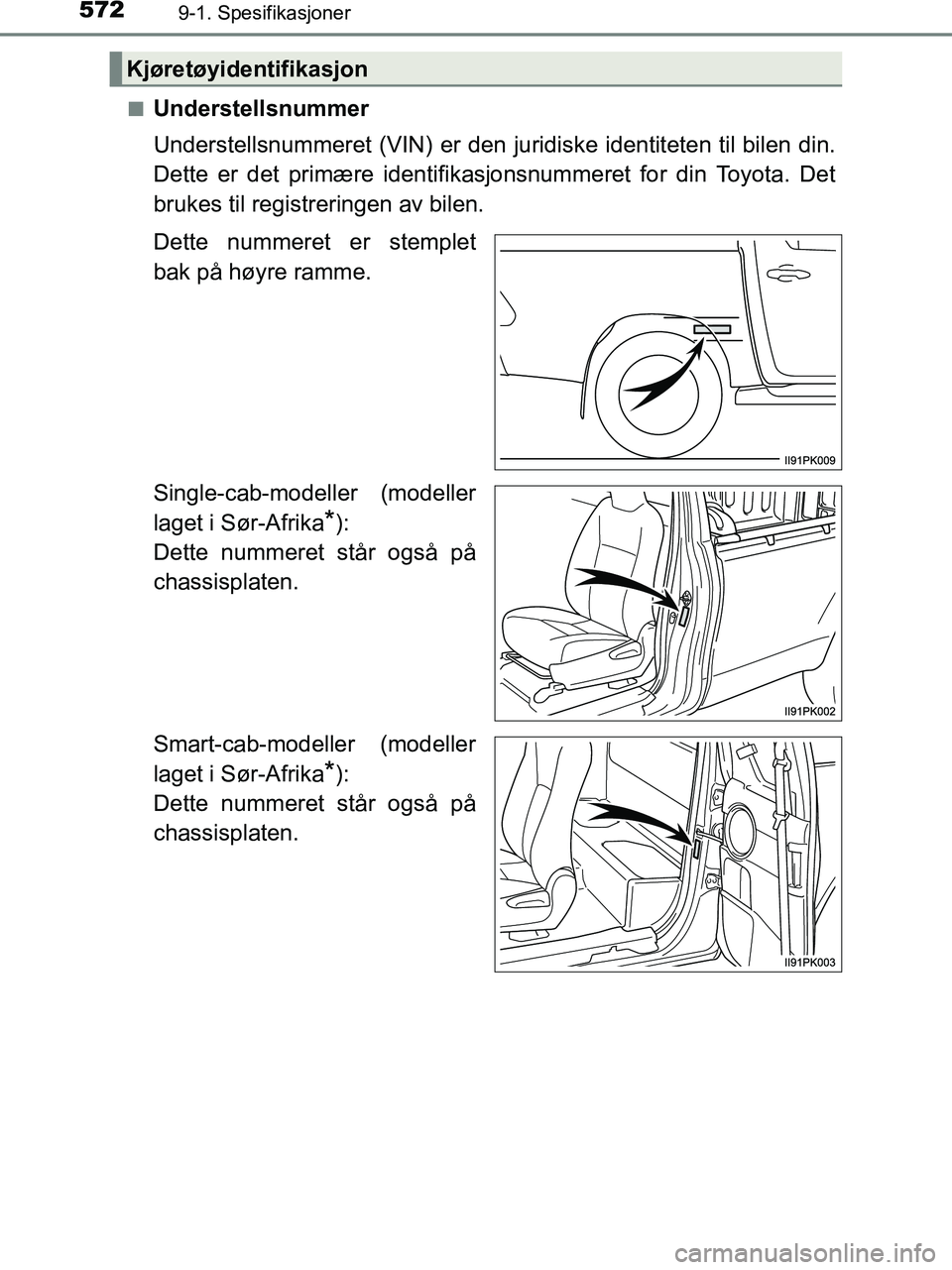 TOYOTA HILUX 2019 Instruksjoner for bruk (in Norwegian) 5729-1. Spesifikasjoner
HILUX_OM_OM0K375NO_(EE)n
Understellsnummer
Understellsnummeret (VIN) er den juridiske identiteten til bilen din.
Dette er det primære identifikasjonsnummeret for din Toyota. D TOYOTA HILUX 2019 Instruksjoner for bruk (in Norwegian) 5729-1. Spesifikasjoner
HILUX_OM_OM0K375NO_(EE)n
Understellsnummer
Understellsnummeret (VIN) er den juridiske identiteten til bilen din.
Dette er det primære identifikasjonsnummeret for din Toyota. D