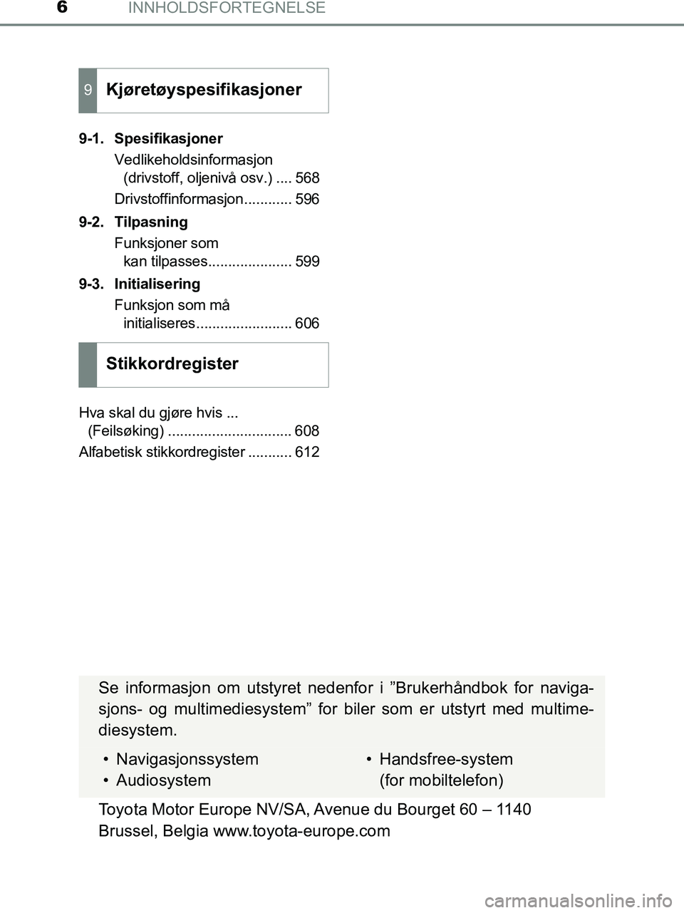 TOYOTA HILUX 2019  Instruksjoner for bruk (in Norwegian) INNHOLDSFORTEGNELSE6
HILUX_OM_OM0K375NO_(EE)9-1. Spesifikasjoner
Vedlikeholdsinformasjon (drivstoff, oljenivå osv.) .... 568
Drivstoffinformasjon............ 596
9-2. Tilpasning Funksjoner som kan ti