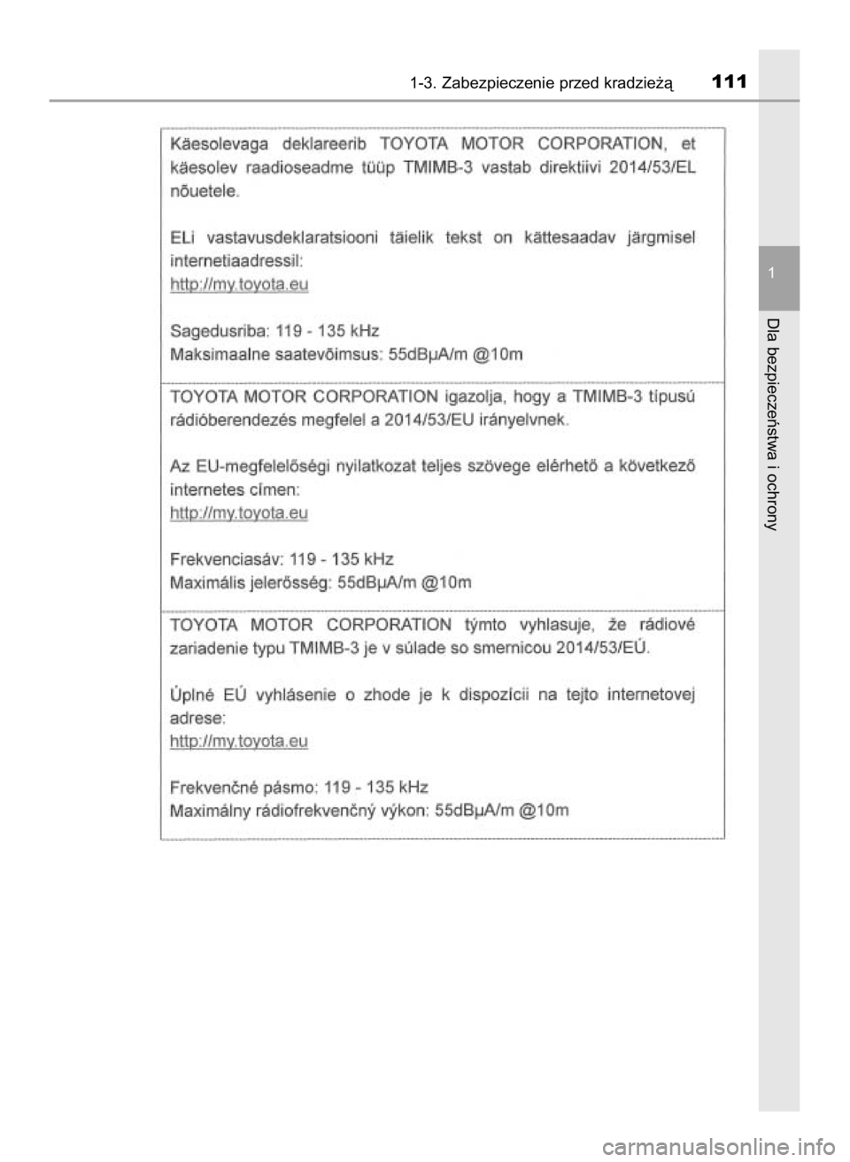 TOYOTA HILUX 2019  Instrukcja obsługi (in Polish) 1-3. Zabezpieczenie przed kradzie˝à111
1
Dla bezpieczeƒstwa i ochrony
31 Hilux OM0K375E  7/17/18  12:24 PM  Page 111    (Black plate) 
