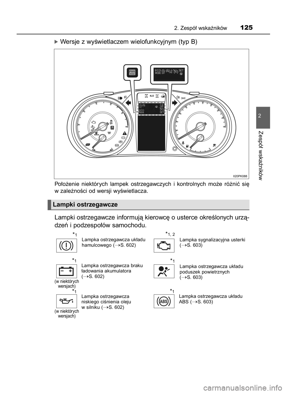 TOYOTA HILUX 2019  Instrukcja obsługi (in Polish) óWersje z wyÊwietlaczem wielofunkcyjnym (typ B)
Po∏o˝enie  niektórych  lampek  ostrzegawczych  i kontrolnych  mo˝e  ró˝niç  si´
w zale˝noÊci od wersji wyÊwietlacza.
Lampki ostrzegawcze i