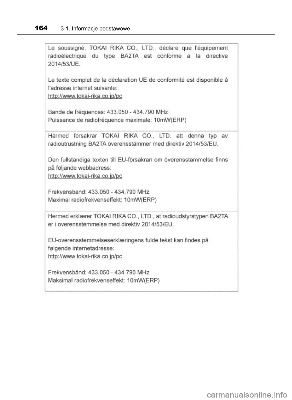 TOYOTA HILUX 2019  Instrukcja obsługi (in Polish) 1643-1. Informacje podstawowe
31 Hilux OM0K375E  7/17/18  12:24 PM  Page 164    (Black plate) 