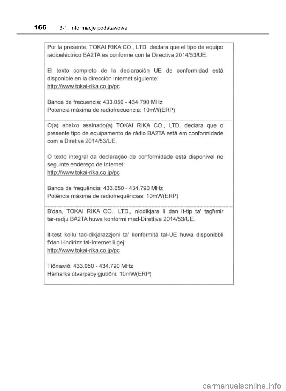 TOYOTA HILUX 2019  Instrukcja obsługi (in Polish) 1663-1. Informacje podstawowe
31 Hilux OM0K375E  7/17/18  12:25 PM  Page 166    (Black plate) 