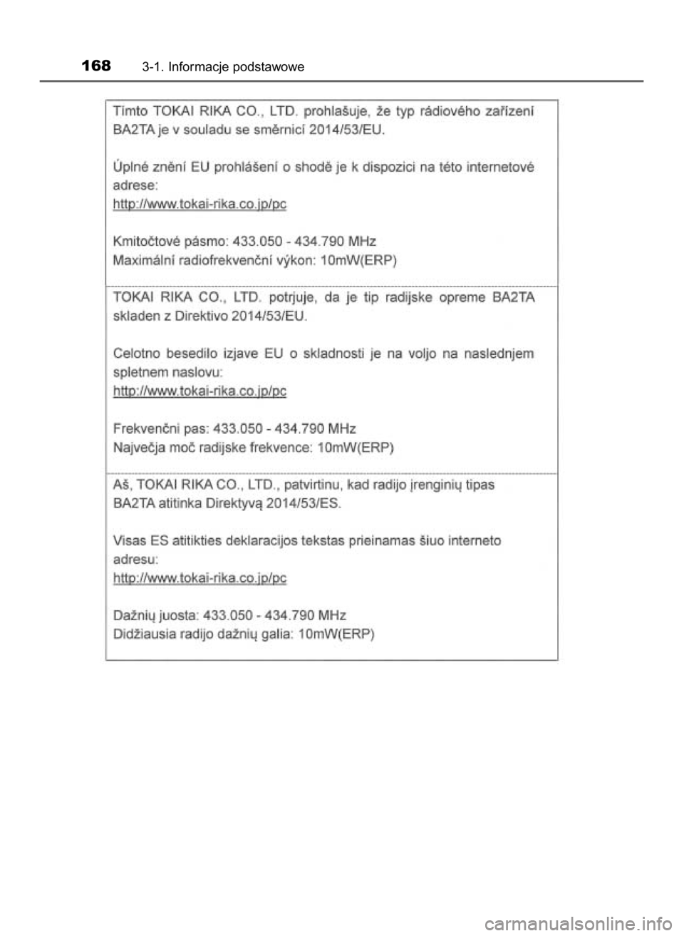 TOYOTA HILUX 2019  Instrukcja obsługi (in Polish) 1683-1. Informacje podstawowe
31 Hilux OM0K375E  7/17/18  12:25 PM  Page 168    (Black plate) 