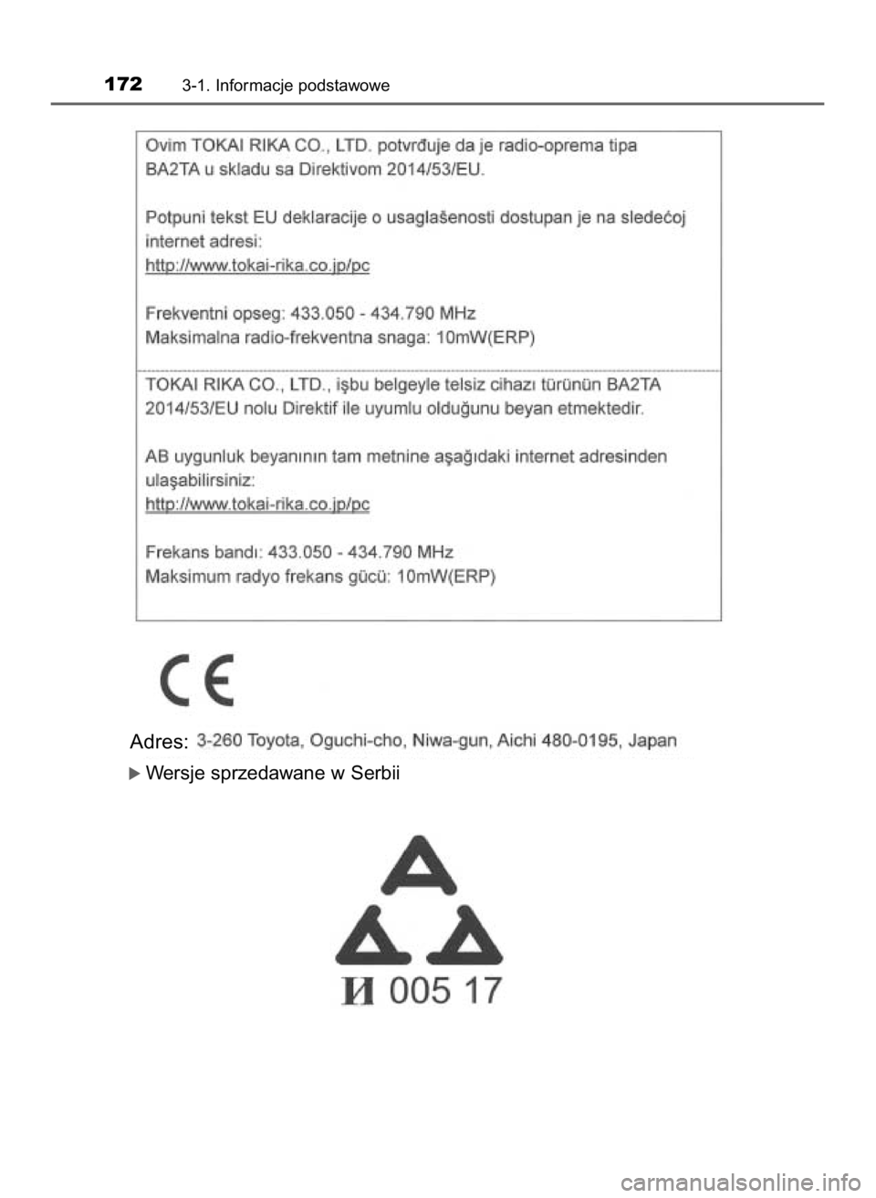 TOYOTA HILUX 2019  Instrukcja obsługi (in Polish) 1723-1. Informacje podstawowe
óWersje sprzedawane w Serbii
Adres:
31 Hilux OM0K375E  7/17/18  12:25 PM  Page 172    (Black plate) 