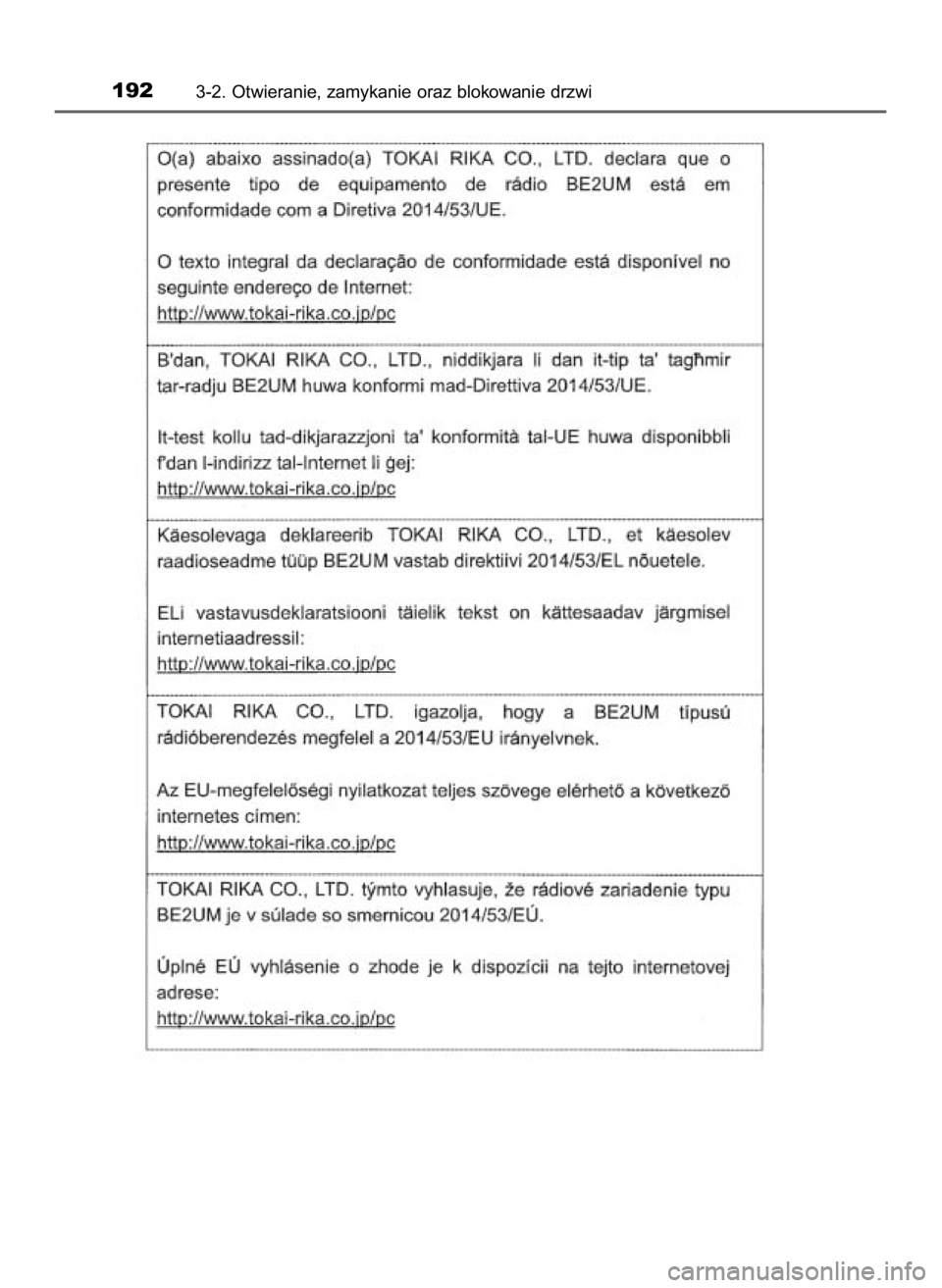 TOYOTA HILUX 2019 Instrukcja obsługi (in Polish) 1923-2. Otwieranie, zamykanie oraz blokowanie drzwi
31 Hilux OM0K375E 7/17/18 12:25 PM Page 192 (Black plate) TOYOTA HILUX 2019 Instrukcja obsługi (in Polish) 1923-2. Otwieranie, zamykanie oraz blokowanie drzwi
31 Hilux OM0K375E 7/17/18 12:25 PM Page 192 (Black plate)