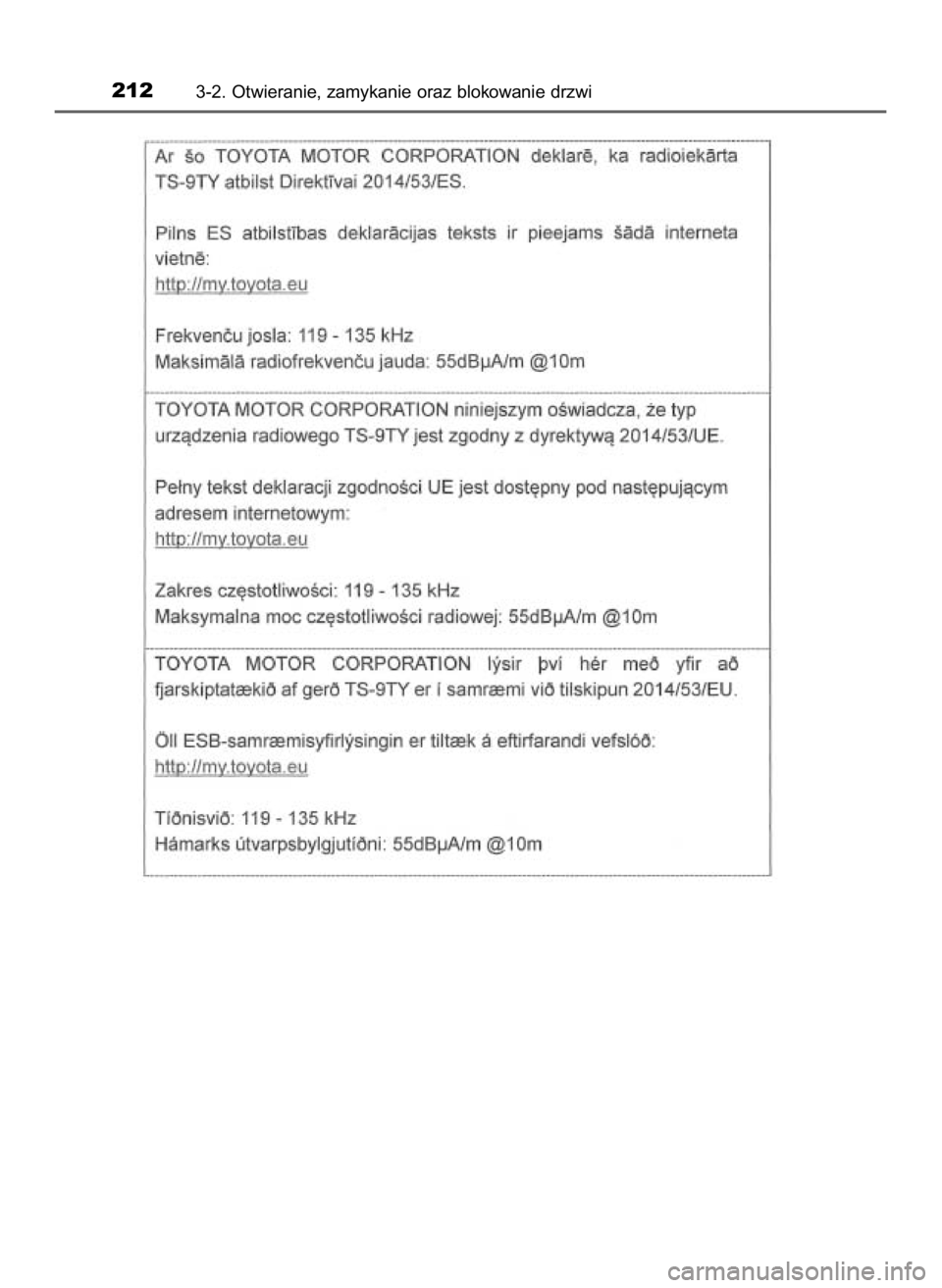 TOYOTA HILUX 2019  Instrukcja obsługi (in Polish) 2123-2. Otwieranie, zamykanie oraz blokowanie drzwi
31 Hilux OM0K375E  7/17/18  12:25 PM  Page 212    (Black plate) 
