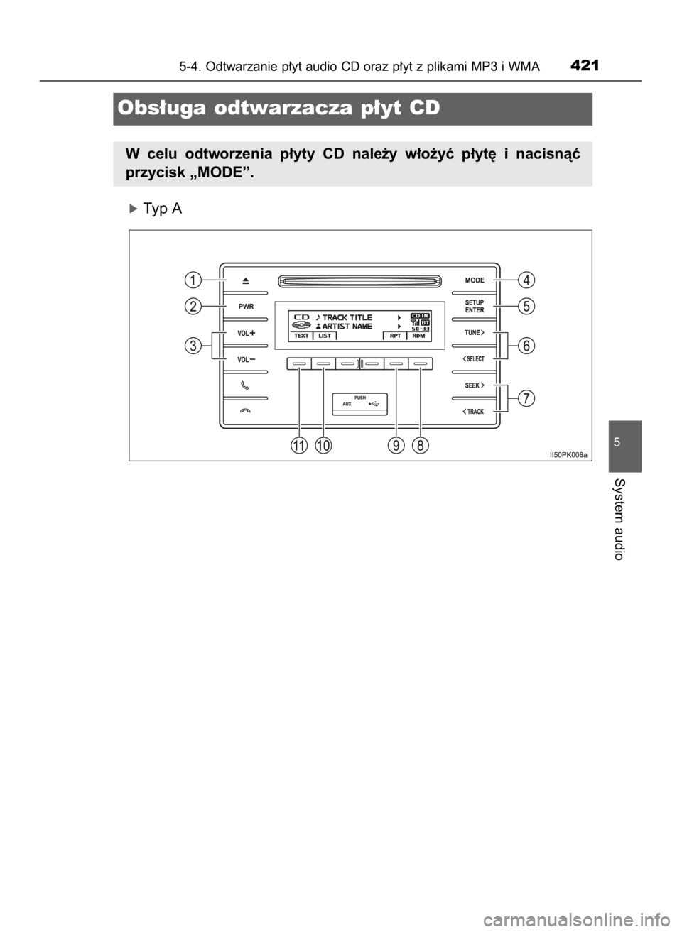 TOYOTA HILUX 2019  Instrukcja obsługi (in Polish) óTyp A
5-4. Odtwarzanie p∏yt audio CD oraz p∏yt z plikami MP3 i WMA421
5
System audio
Obs∏uga odtwarzacza p∏yt CD
W celu  odtworzenia  p∏yty  CD  nale˝y  w∏o˝yç  p∏yt´  i  nacisnà