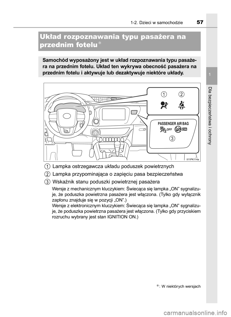 TOYOTA HILUX 2019  Instrukcja obsługi (in Polish) Lampka ostrzegawcza uk∏adu poduszek powietrznych
Lampka przypominajàca o zapi´ciu pasa bezpieczeƒstwa
Wskaênik stanu poduszki powietrznej pasa˝era
Wersje z mechanicznym kluczykiem: Âwiecàca s
