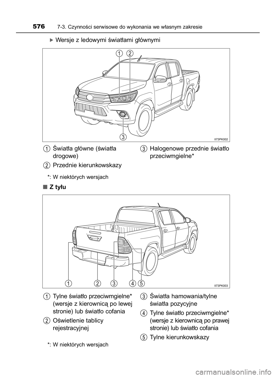 TOYOTA HILUX 2019  Instrukcja obsługi (in Polish) óWersje z ledowymi Êwiat∏ami g∏ównymi
Z ty∏u
5767-3. CzynnoÊci serwisowe do wykonania we w∏asnym zakresie
Âwiat∏a g∏ówne (Êwiat∏a 
drogowe)
Przednie kierunkowskazy
*: W niektóryc