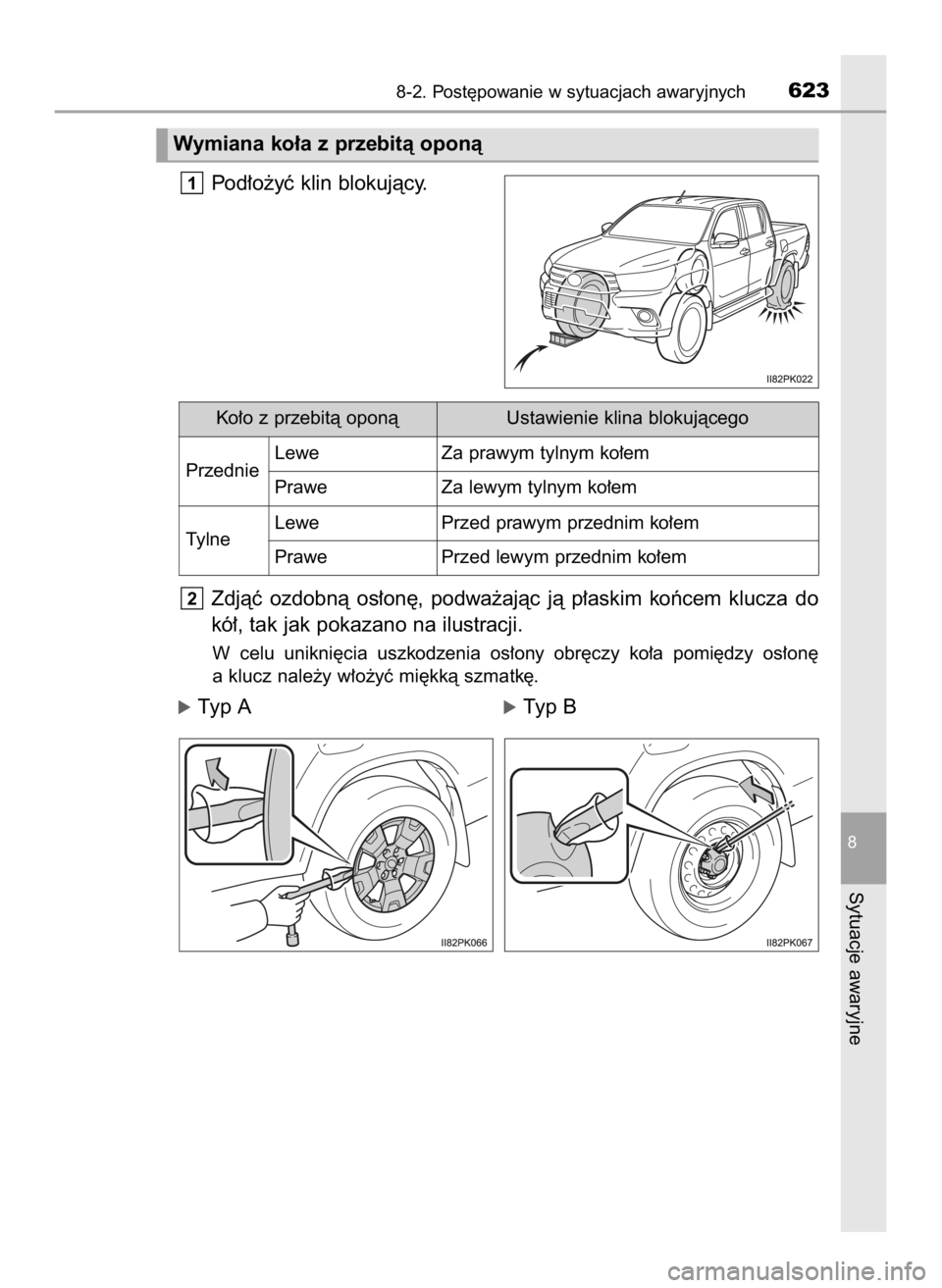 TOYOTA HILUX 2019  Instrukcja obsługi (in Polish) Pod∏o˝yç klin blokujàcy.
Zdjàç  ozdobnà  os∏on´,  podwa˝ajàc  jà  p∏askim  koƒcem  klucza  do
kó∏, tak jak pokazano na ilustracji.
W celu  unikni´cia  uszkodzenia  os∏ony  obr´