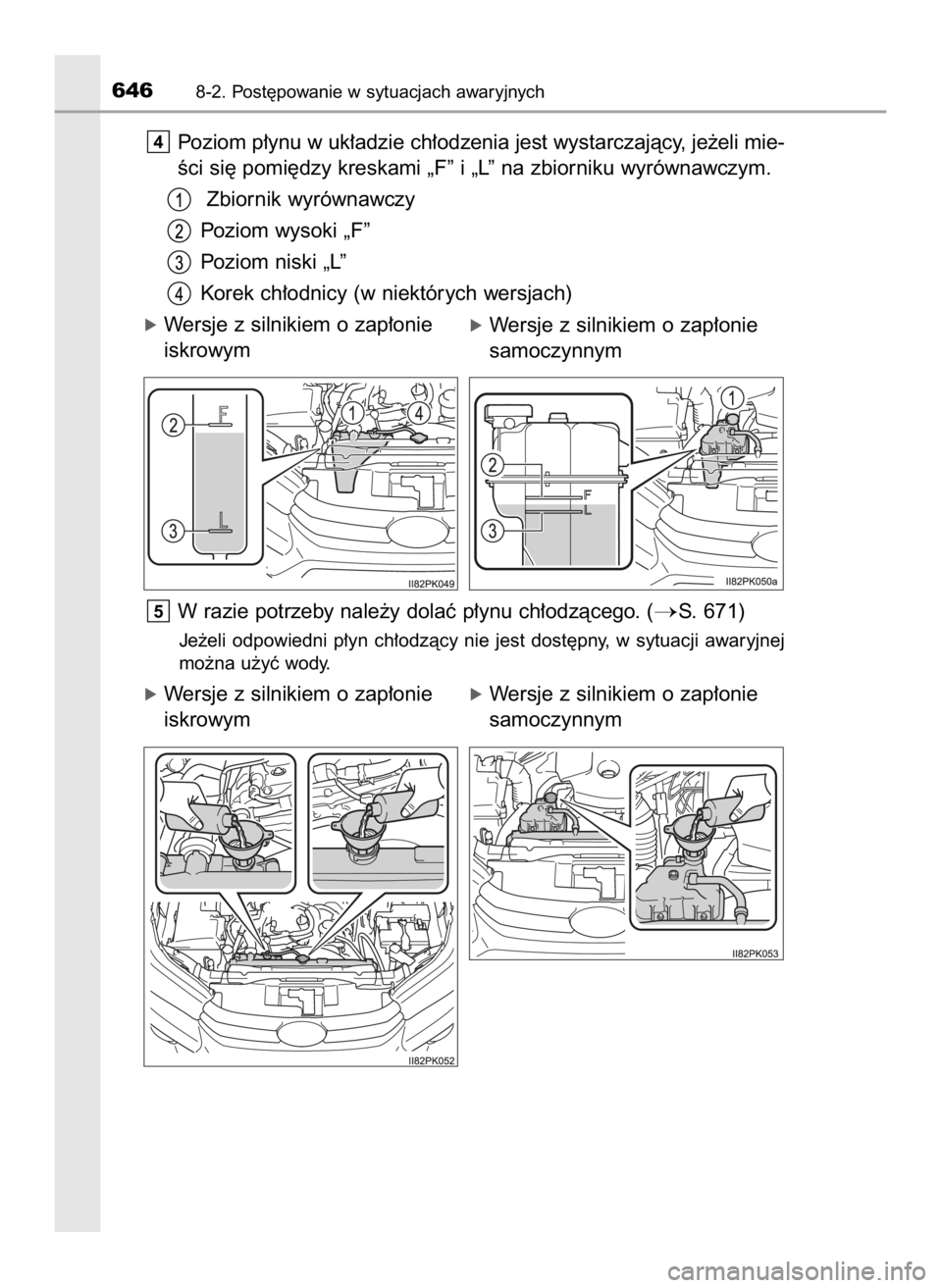 TOYOTA HILUX 2019  Instrukcja obsługi (in Polish) Poziom p∏ynu w uk∏adzie ch∏odzenia jest wystarczajàcy, je˝eli mie-
Êci si´ pomi´dzy kreskami „F” i „L” na zbiorniku wyrównawczym.
Zbiornik wyrównawczy
Poziom wysoki „F”
Poziom