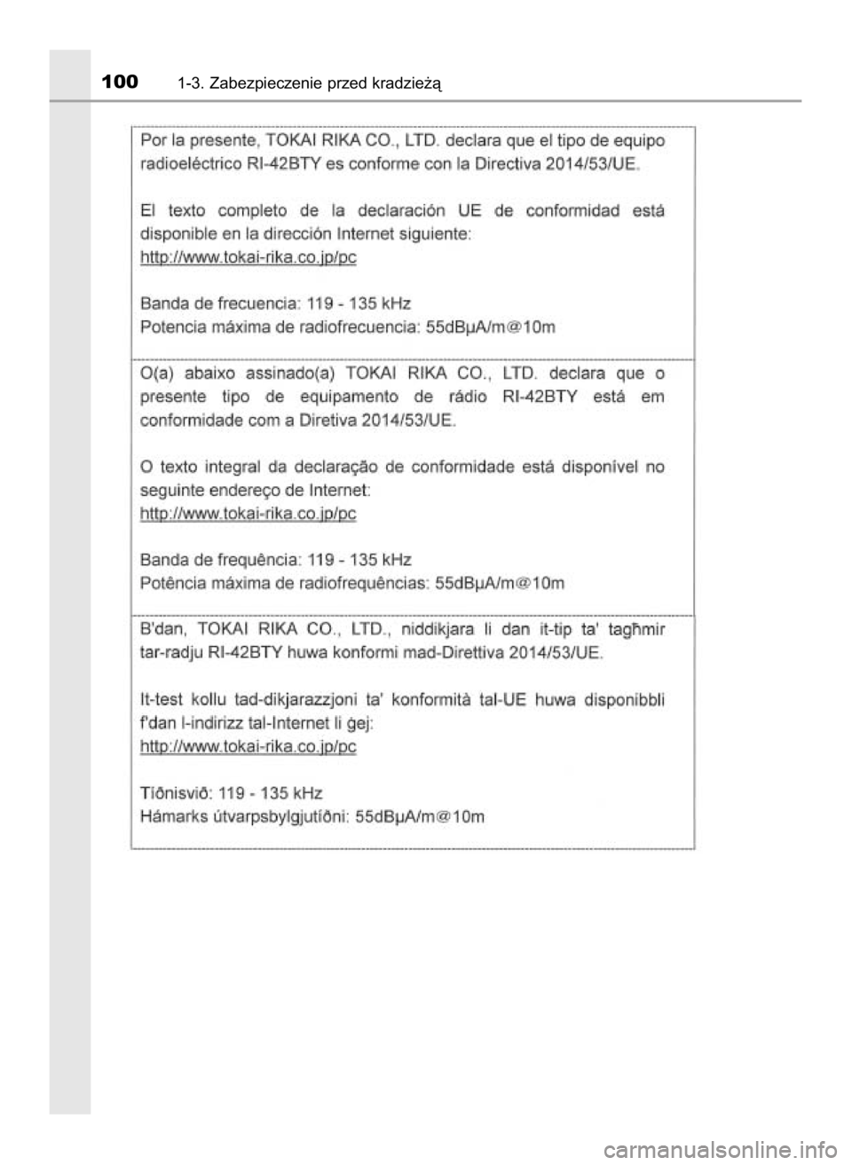 TOYOTA HILUX 2019  Instrukcja obsługi (in Polish) 1001-3. Zabezpieczenie przed kradzie˝à
31 Hilux OM0K375E  7/17/18  12:24 PM  Page 100    (Black plate) 