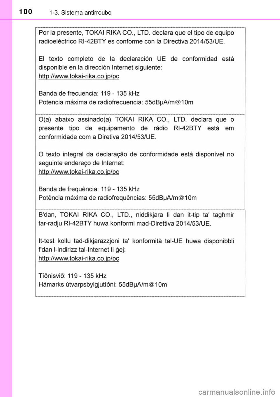 TOYOTA HILUX 2019  Manual de utilização (in Portuguese) 100������6�L�V�W�H�P�D��D�Q�W�L�U�U�R�X�E�R 