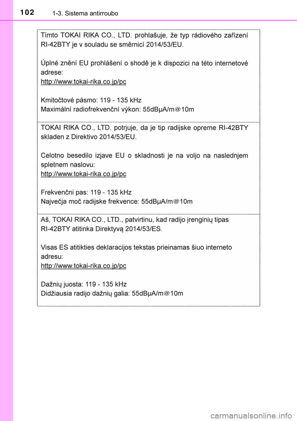 TOYOTA HILUX 2019  Manual de utilização (in Portuguese) 102������6�L�V�W�H�P�D��D�Q�W�L�U�U�R�X�E�R 