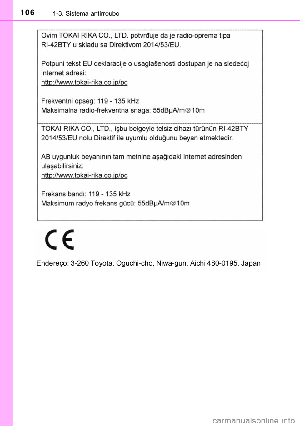 TOYOTA HILUX 2019  Manual de utilização (in Portuguese) 106������6�L�V�W�H�P�D��D�Q�W�L�U�U�R�X�E�R
�(�Q�G�H�U�H�o�R���������7�R�\�R�W�D���2�J�X�F�K�L��F�K�R���1�L�Z�D��J�X�Q���$�L�F�K�L������������-�D�S�D�Q 