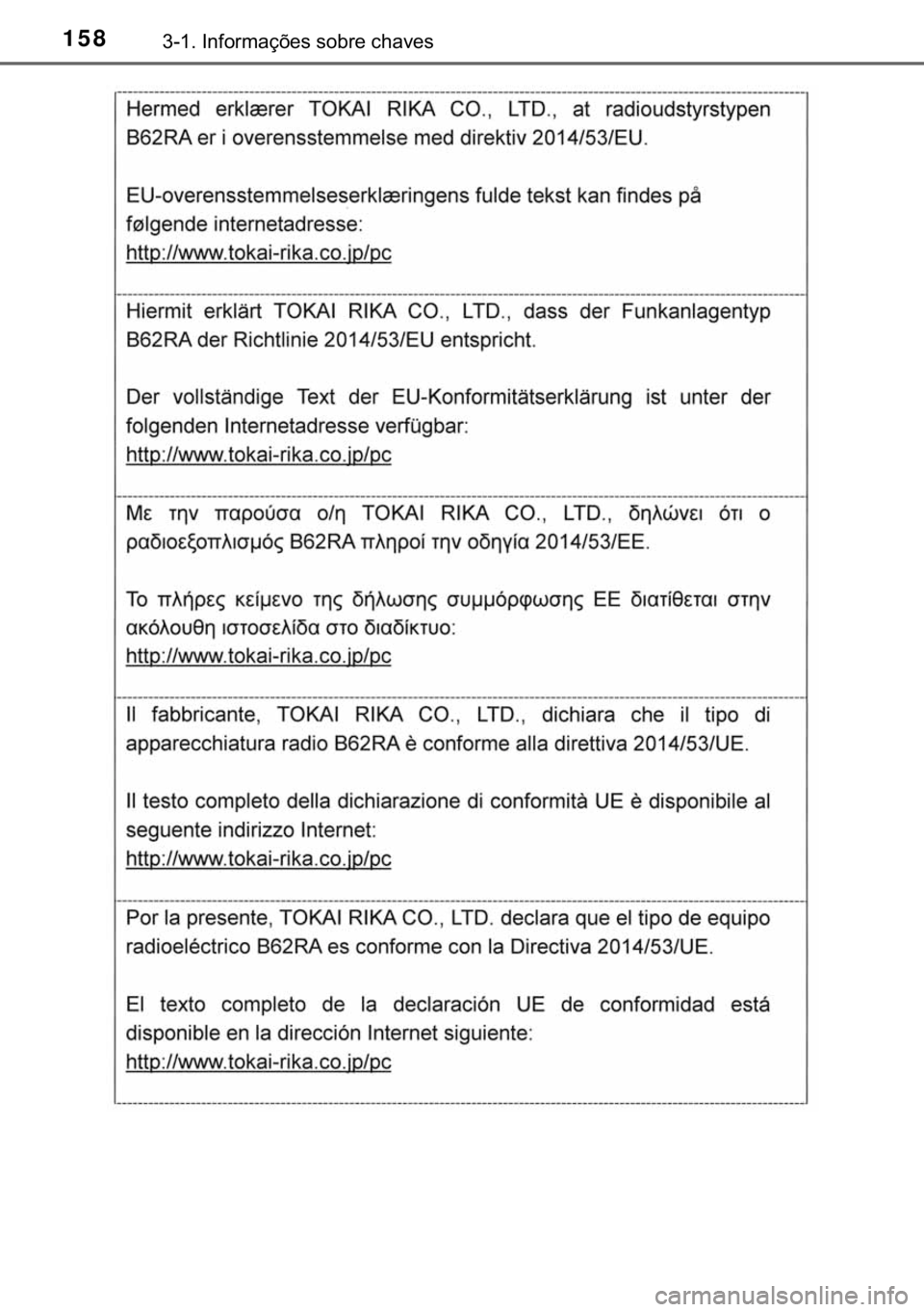TOYOTA HILUX 2019  Manual de utilização (in Portuguese) 158������,�Q�I�R�U�P�D�o�}�H�V��V�R�E�U�H��F�K�D�Y�H�V 