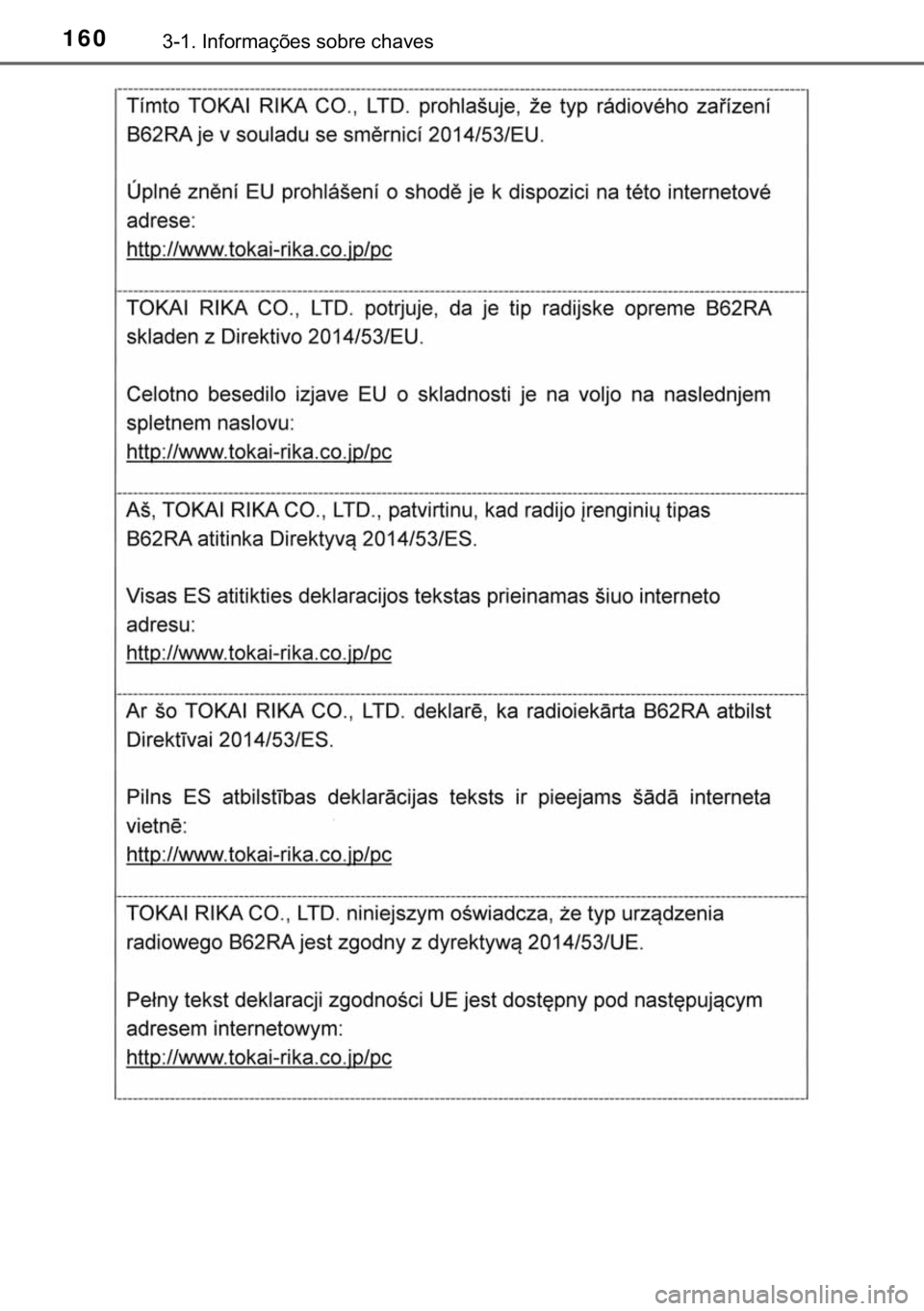 TOYOTA HILUX 2019  Manual de utilização (in Portuguese) 160������,�Q�I�R�U�P�D�o�}�H�V��V�R�E�U�H��F�K�D�Y�H�V 
