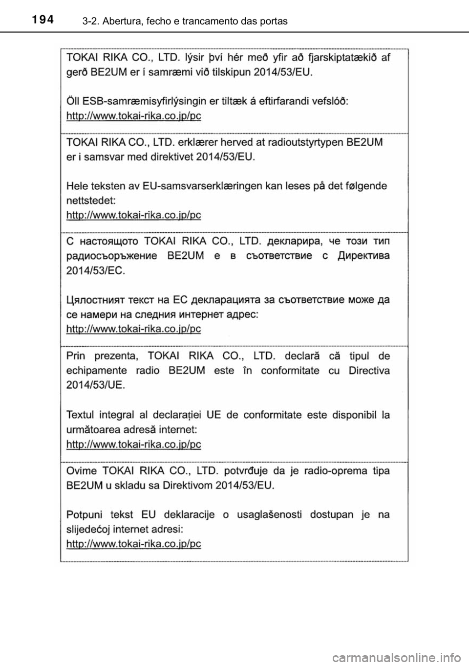 TOYOTA HILUX 2019  Manual de utilização (in Portuguese) 194������$�E�H�U�W�X�U�D���I�H�F�K�R��H��W�U�D�Q�F�D�P�H�Q�W�R��G�D�V��S�R�U�W�D�V 