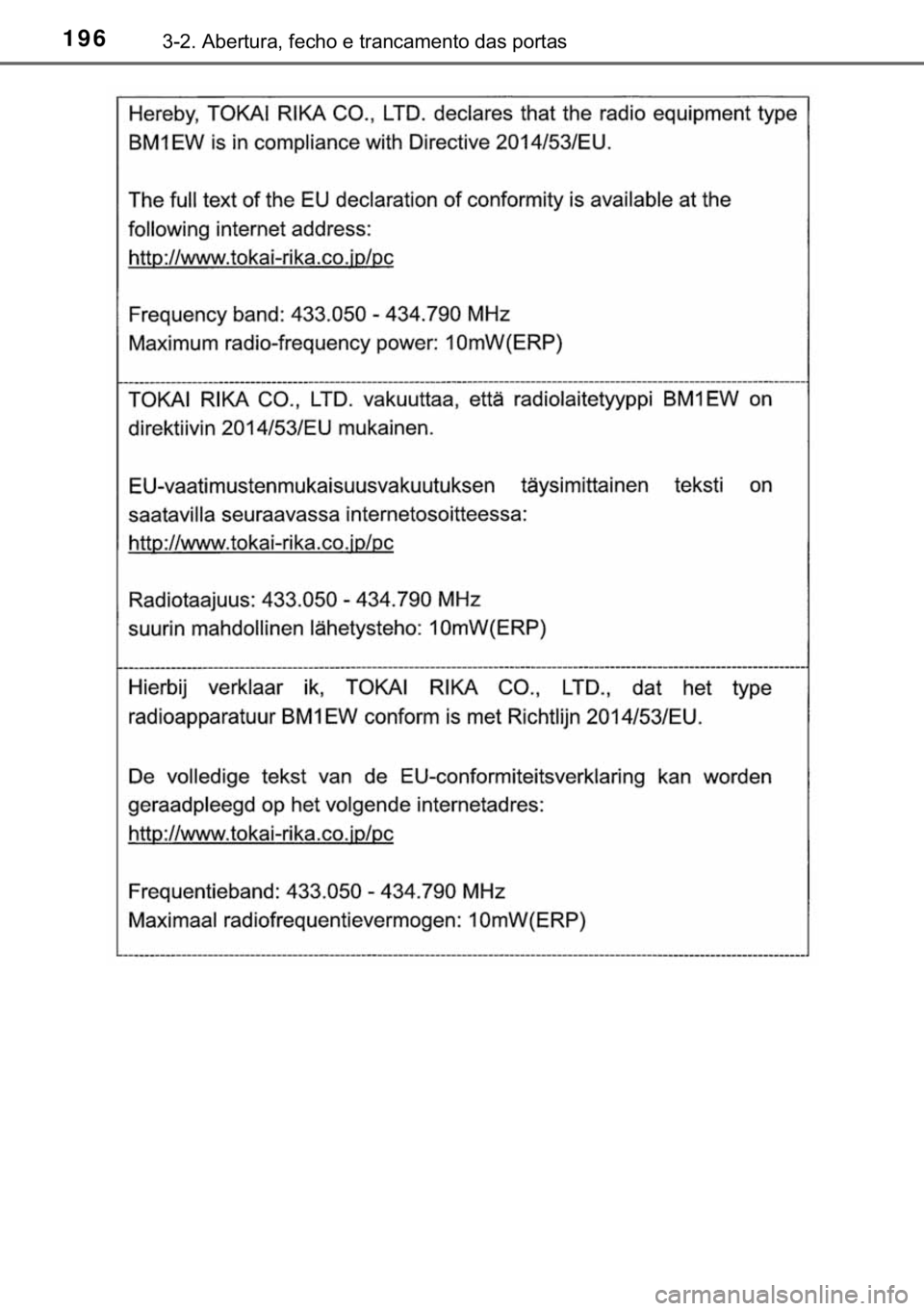 TOYOTA HILUX 2019  Manual de utilização (in Portuguese) 196������$�E�H�U�W�X�U�D���I�H�F�K�R��H��W�U�D�Q�F�D�P�H�Q�W�R��G�D�V��S�R�U�W�D�V 