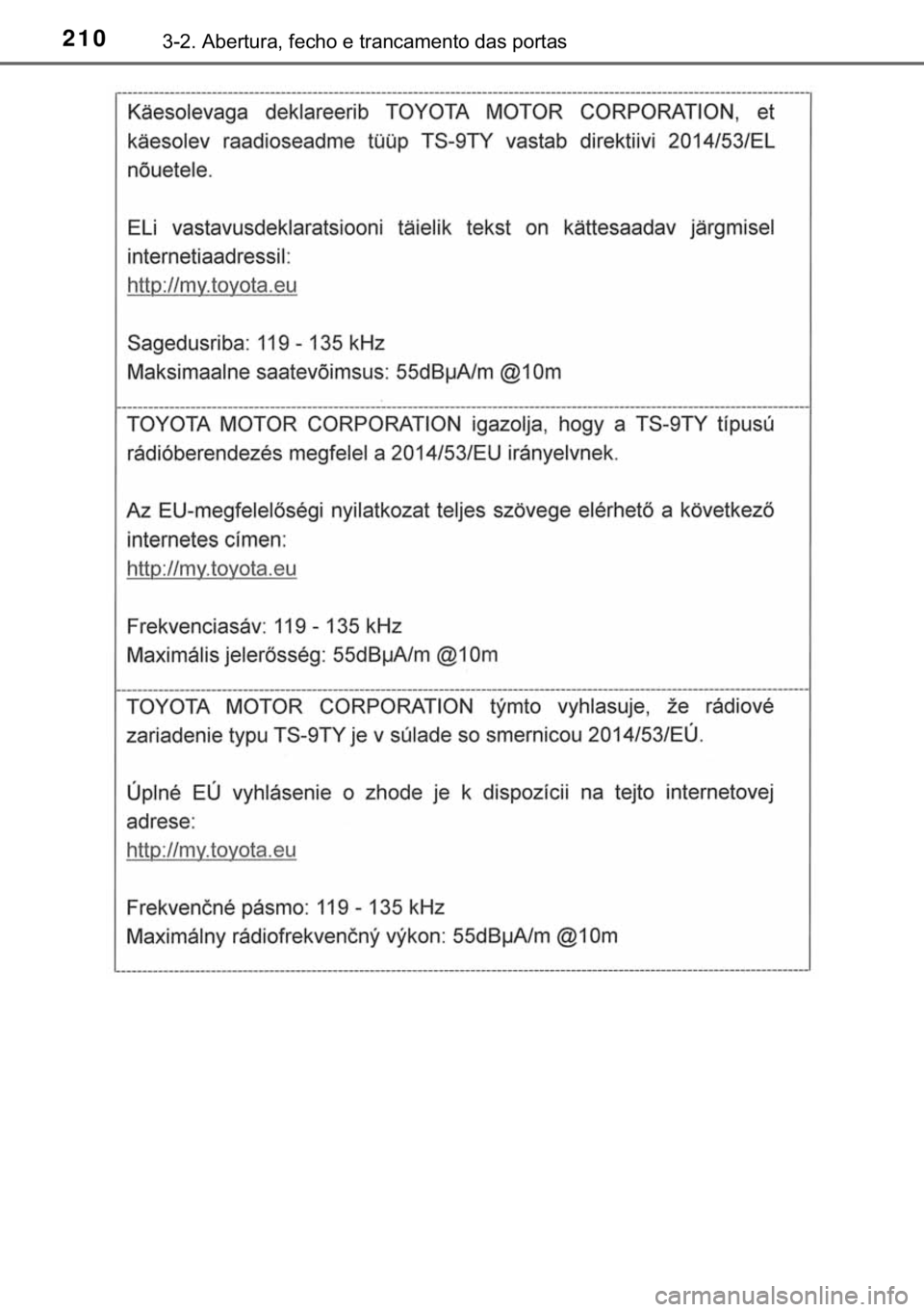 TOYOTA HILUX 2019  Manual de utilização (in Portuguese) 210������$�E�H�U�W�X�U�D���I�H�F�K�R��H��W�U�D�Q�F�D�P�H�Q�W�R��G�D�V��S�R�U�W�D�V 