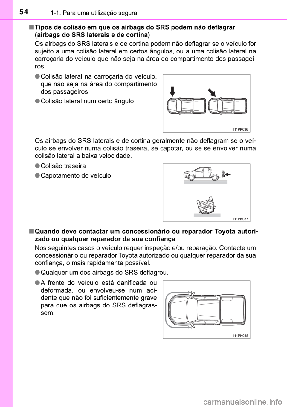 TOYOTA HILUX 2019  Manual de utilização (in Portuguese) 54������3�D�U�D��X�P�D��X�W�L�O�L�]�D�o�m�R��V�H�J�X�U�D
■�7�L�S�R�V��G�H��F�R�O�L�V�m�R��H�P��T�X�H��R�V��D�L�U�E�D�J�V��G�R��6�5�6��S�R�G�H�P��Q�m�R��G�H�I�O�D�J�U�D�U�
��D�L�