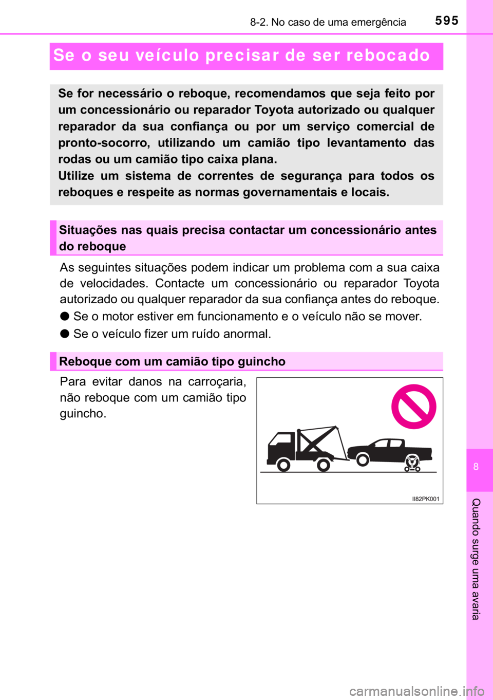 TOYOTA HILUX 2019  Manual de utilização (in Portuguese) 595������1�R��F�D�V�R��G�H��X�P�D��H�P�H�U�J�r�Q�F�L�D
�
�4�X�D�Q�G�R��V�X�U�J�H��X�P�D��D�Y�D�U�L�D
Se o seu veículo precisar de ser rebocado
�$�V��V�H�J�X�L�Q�W�H�V��V�L�W�X�D�o�}�H�