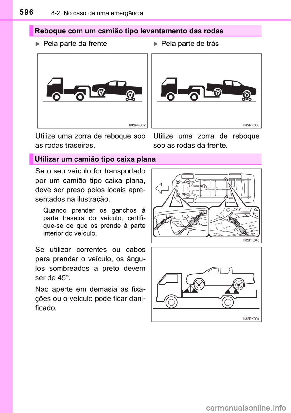TOYOTA HILUX 2019  Manual de utilização (in Portuguese) 596������1�R��F�D�V�R��G�H��X�P�D��H�P�H�U�J�r�Q�F�L�D
�6�H� �R� �V�H�X� �Y�H�t�F�X�O�R� �I�R�U� �W�U�D�Q�V�S�R�U�W�D�G�R
�S�R�U� �X�P� �F�D�P�L�m�R� �W�L�S�R� �F�D�L�[�D� �S�O�D�Q�