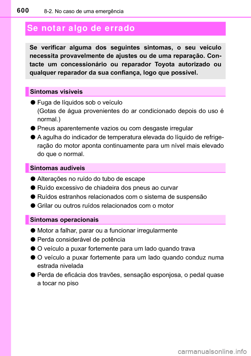 TOYOTA HILUX 2019  Manual de utilização (in Portuguese) 600������1�R��F�D�V�R��G�H��X�P�D��H�P�H�U�J�r�Q�F�L�D
Se notar algo de errado
●�)�X�J�D��G�H��O�t�T�X�L�G�R�V��V�R�E��R��Y�H�t�F�X�O�R
��*�R�W�D�V� �G�H� �i�J�X�D� �S�U�R�Y�H�Q�L�