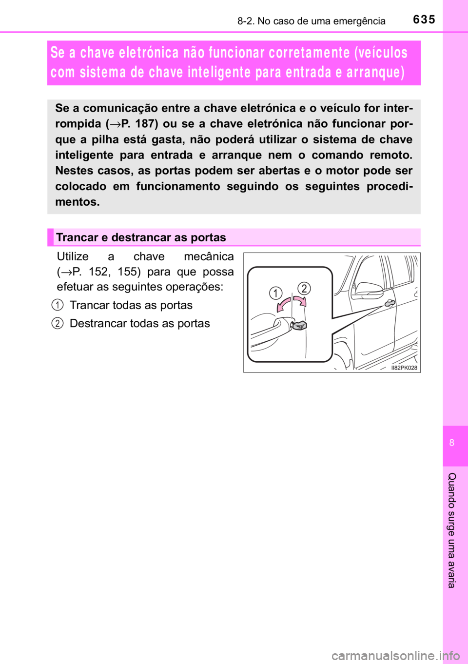 TOYOTA HILUX 2019  Manual de utilização (in Portuguese) 635������1�R��F�D�V�R��G�H��X�P�D��H�P�H�U�J�r�Q�F�L�D
�
�4�X�D�Q�G�R��V�X�U�J�H��X�P�D��D�Y�D�U�L�D
Se a chave eletrónica não funcionar corretamente (veículos 
com sistema de chave in