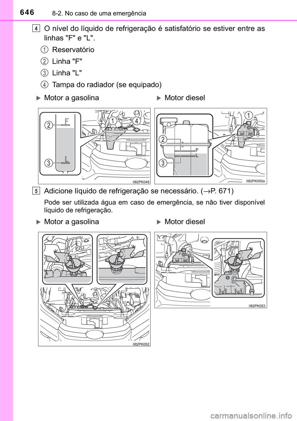 TOYOTA HILUX 2019  Manual de utilização (in Portuguese) 646������1�R��F�D�V�R��G�H��X�P�D��H�P�H�U�J�r�Q�F�L�D
�2��Q�t�Y�H�O��G�R��O�t�T�X�L�G�R��G�H��U�H�I�U�L�J�H�U�D�o�m�R��p��V�D�W�L�V�I�D�W�y�U�L�R��V�H��H�V�W�L�Y�H�U��H�Q�W�U�H��D
