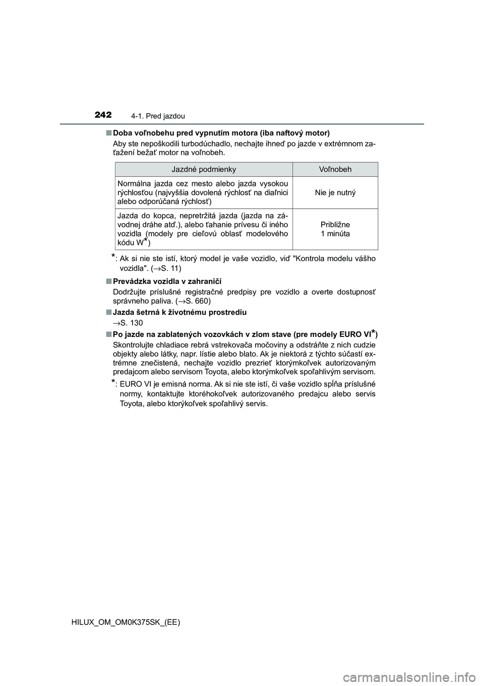TOYOTA HILUX 2019 Návod na použitie (in Slovakian) 2424-1. Pred jazdou
HILUX_OM_OM0K375SK_(EE)■Doba voľnobehu pred vypnutím motora (iba naftový motor)
Aby ste nepoškodili turbodúchadlo, nechajte ihneď po jazde v extrémnom za-
ťažení beža TOYOTA HILUX 2019 Návod na použitie (in Slovakian) 2424-1. Pred jazdou
HILUX_OM_OM0K375SK_(EE)■Doba voľnobehu pred vypnutím motora (iba naftový motor)
Aby ste nepoškodili turbodúchadlo, nechajte ihneď po jazde v extrémnom za-
ťažení beža