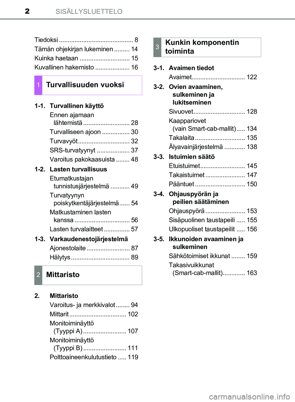 TOYOTA HILUX 2019 Omistajan Käsikirja (in Finnish) SISÄLLYSLUETTELO2
HILUX_OM_OM0K375FI_(EE)Tiedoksi ........................................... 8
Tämän ohjekirjan lukeminen ......... 14
Kuinka haetaan ............................. 15
Kuvallinen ha TOYOTA HILUX 2019 Omistajan Käsikirja (in Finnish) SISÄLLYSLUETTELO2
HILUX_OM_OM0K375FI_(EE)Tiedoksi ........................................... 8
Tämän ohjekirjan lukeminen ......... 14
Kuinka haetaan ............................. 15
Kuvallinen ha