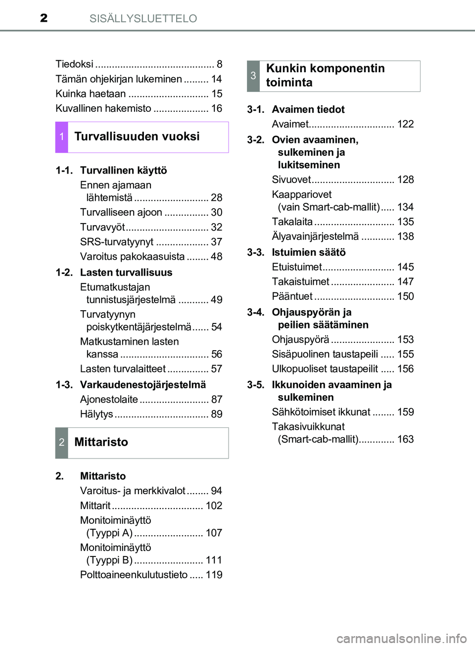 TOYOTA HILUX 2019  Omistajan Käsikirja (in Finnish) SISÄLLYSLUETTELO2
HILUX_OM_OM0K375FI_(EE)Tiedoksi ........................................... 8
Tämän ohjekirjan lukeminen ......... 14
Kuinka haetaan ............................. 15
Kuvallinen ha