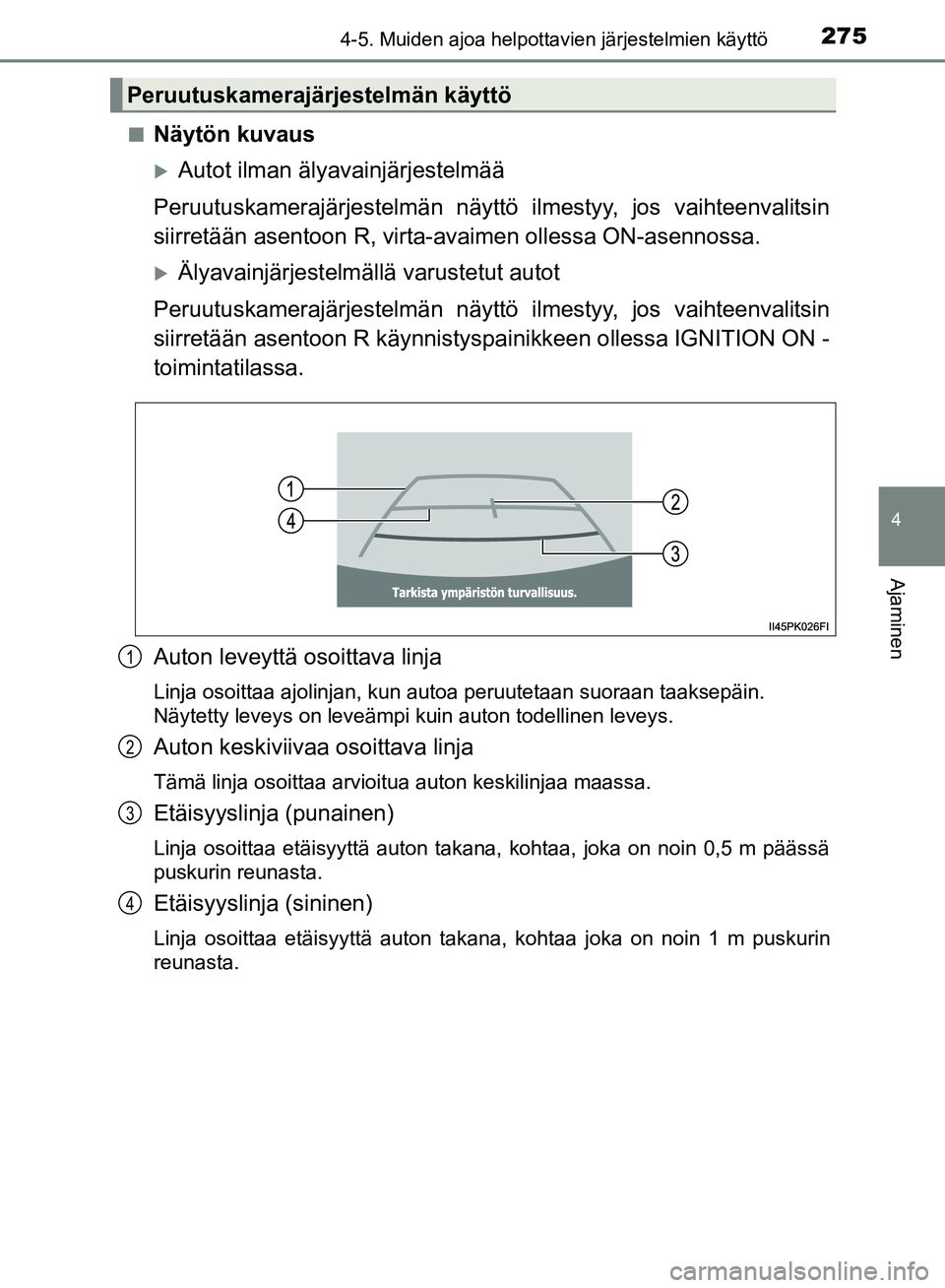 TOYOTA HILUX 2019 Omistajan Käsikirja (in Finnish) 2754-5. Muiden ajoa helpottavien järjestelmien käyttö
4
Ajaminen
HILUX_OM_OM0K375FI_(EE)n
Näytön kuvaus
Autot ilman älyavainjärjestelmää
Peruutuskamerajärjestelmän näyttö ilmestyy, jo TOYOTA HILUX 2019 Omistajan Käsikirja (in Finnish) 2754-5. Muiden ajoa helpottavien järjestelmien käyttö
4
Ajaminen
HILUX_OM_OM0K375FI_(EE)n
Näytön kuvaus
Autot ilman älyavainjärjestelmää
Peruutuskamerajärjestelmän näyttö ilmestyy, jo