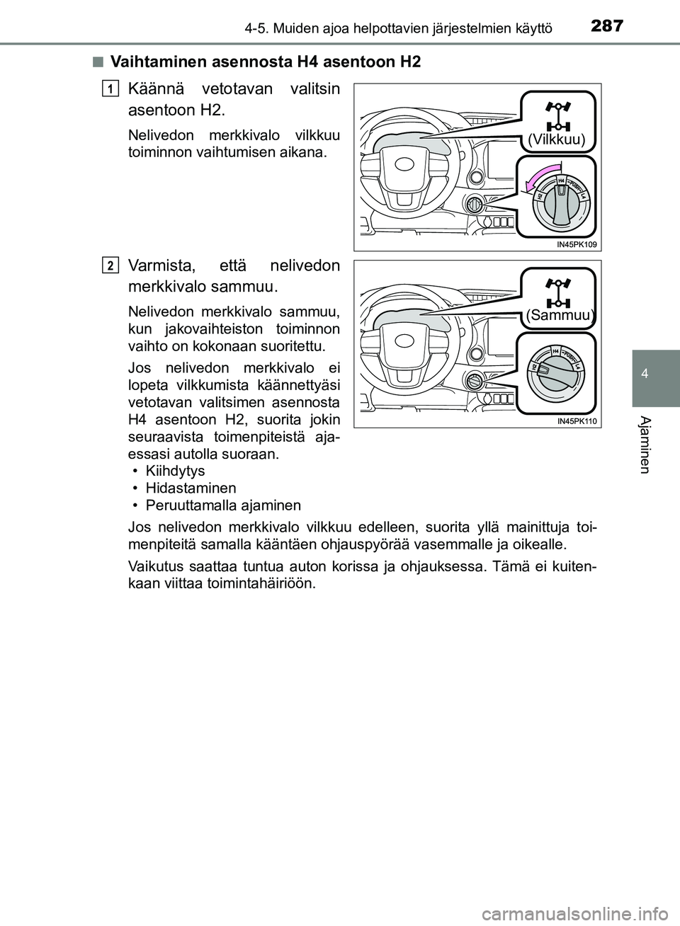 TOYOTA HILUX 2019 Omistajan Käsikirja (in Finnish) 2874-5. Muiden ajoa helpottavien järjestelmien käyttö
4
Ajaminen
HILUX_OM_OM0K375FI_(EE)n
Vaihtaminen asennosta H4 asentoon H2
Käännä vetotavan valitsin
asentoon H2.
Nelivedon merkkivalo vilkkuu TOYOTA HILUX 2019 Omistajan Käsikirja (in Finnish) 2874-5. Muiden ajoa helpottavien järjestelmien käyttö
4
Ajaminen
HILUX_OM_OM0K375FI_(EE)n
Vaihtaminen asennosta H4 asentoon H2
Käännä vetotavan valitsin
asentoon H2.
Nelivedon merkkivalo vilkkuu