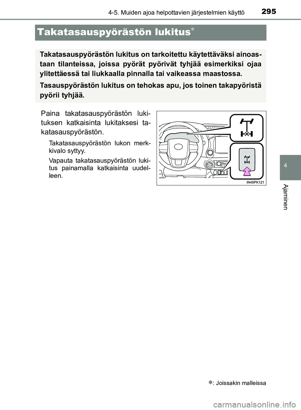 TOYOTA HILUX 2019 Omistajan Käsikirja (in Finnish) 295
4
4-5. Muiden ajoa helpottavien järjestelmien käyttö
Ajaminen
HILUX_OM_OM0K375FI_(EE)
Takatasauspyörästön lukitus
Paina takatasauspyörästön luki-
tuksen katkaisinta lukitaksesi ta-
kat TOYOTA HILUX 2019 Omistajan Käsikirja (in Finnish) 295
4
4-5. Muiden ajoa helpottavien järjestelmien käyttö
Ajaminen
HILUX_OM_OM0K375FI_(EE)
Takatasauspyörästön lukitus
Paina takatasauspyörästön luki-
tuksen katkaisinta lukitaksesi ta-
kat