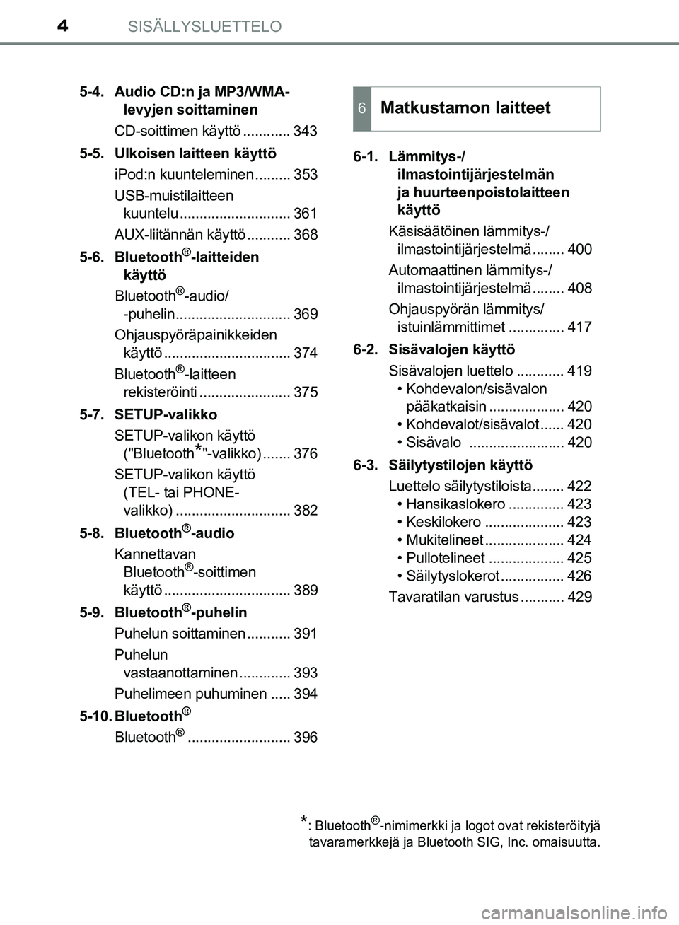 TOYOTA HILUX 2019 Omistajan Käsikirja (in Finnish) SISÄLLYSLUETTELO4
HILUX_OM_OM0K375FI_(EE)5-4. Audio CD:n ja MP3/WMA-
levyjen soittaminen
CD-soittimen käyttö ............ 343
5-5. Ulkoisen laitteen käyttö iPod:n kuunteleminen ......... 353
USB- TOYOTA HILUX 2019 Omistajan Käsikirja (in Finnish) SISÄLLYSLUETTELO4
HILUX_OM_OM0K375FI_(EE)5-4. Audio CD:n ja MP3/WMA-
levyjen soittaminen
CD-soittimen käyttö ............ 343
5-5. Ulkoisen laitteen käyttö iPod:n kuunteleminen ......... 353
USB-
