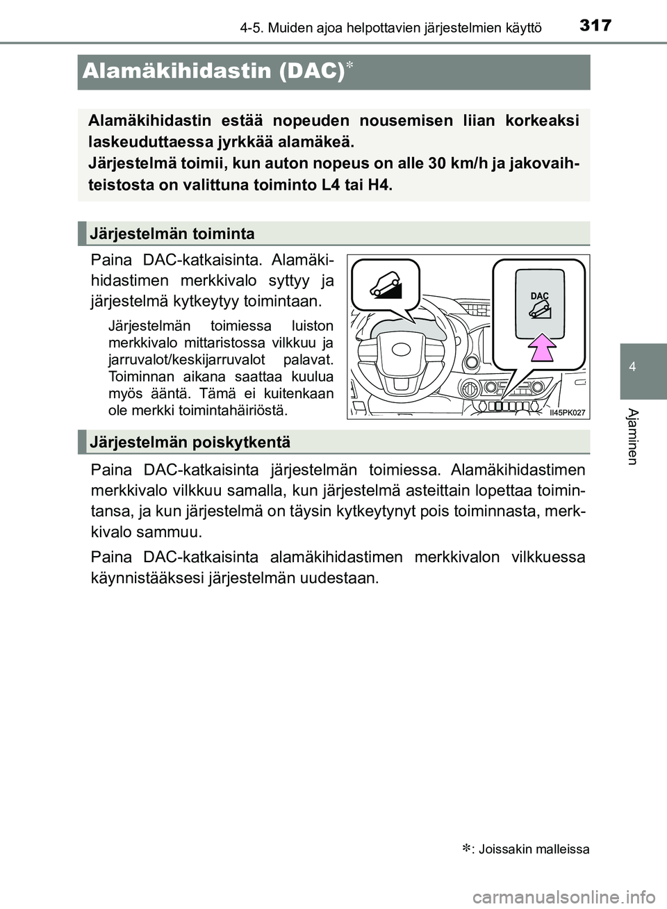 TOYOTA HILUX 2019 Omistajan Käsikirja (in Finnish) 317
4
4-5. Muiden ajoa helpottavien järjestelmien käyttö
Ajaminen
HILUX_OM_OM0K375FI_(EE)
Alamäkihidastin (DAC)
Paina DAC-katkaisinta. Alamäki-
hidastimen merkkivalo syttyy ja
järjestelmä k TOYOTA HILUX 2019 Omistajan Käsikirja (in Finnish) 317
4
4-5. Muiden ajoa helpottavien järjestelmien käyttö
Ajaminen
HILUX_OM_OM0K375FI_(EE)
Alamäkihidastin (DAC)
Paina DAC-katkaisinta. Alamäki-
hidastimen merkkivalo syttyy ja
järjestelmä k