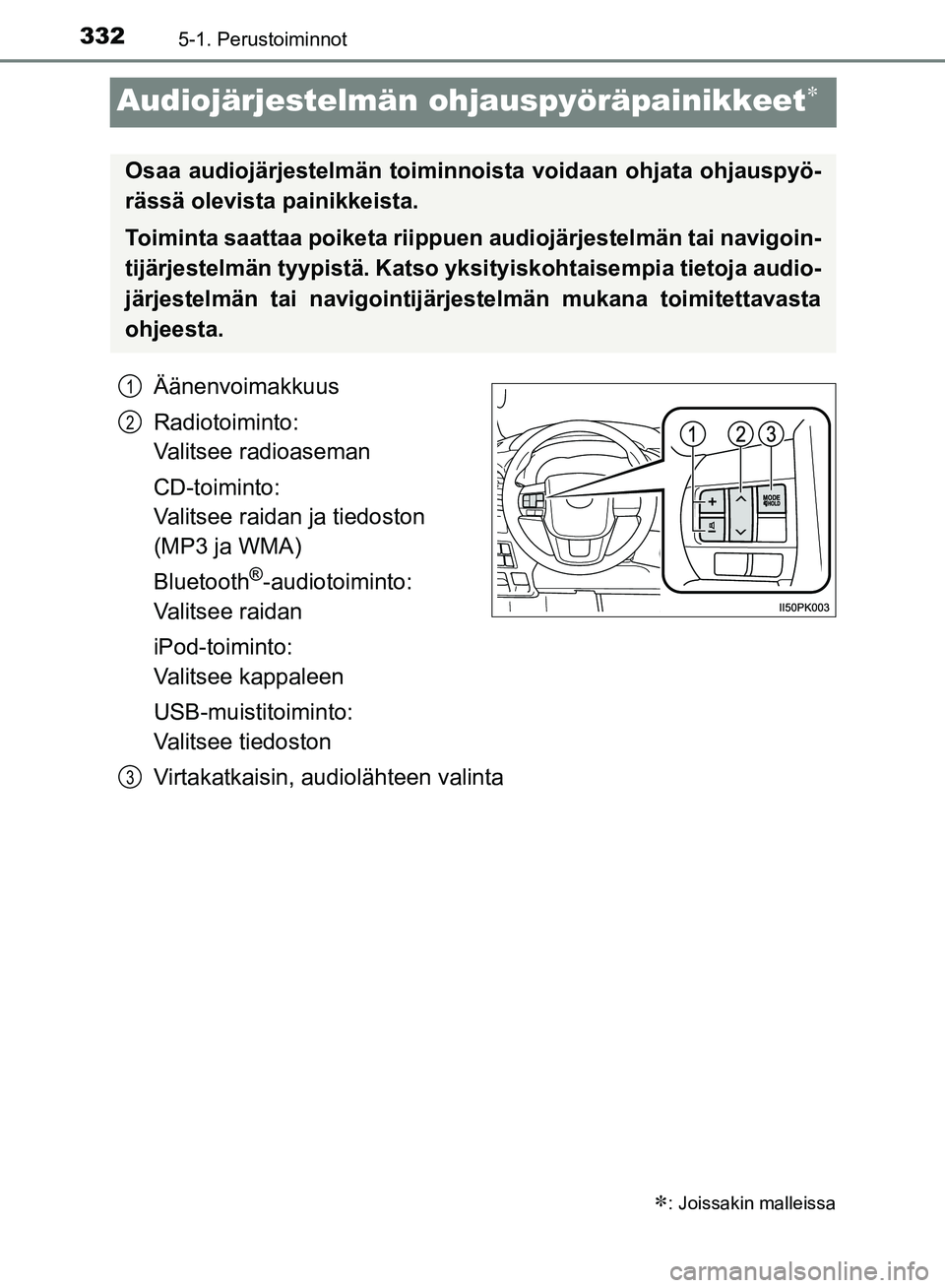 TOYOTA HILUX 2019  Omistajan Käsikirja (in Finnish) 3325-1. Perustoiminnot
HILUX_OM_OM0K375FI_(EE)
Audiojärjestelmän ohjauspyöräpainikkeet
Äänenvoimakkuus
Radiotoiminto:
Valitsee radioaseman
CD-toiminto:
Valitsee raidan ja tiedoston 
(MP3 ja W