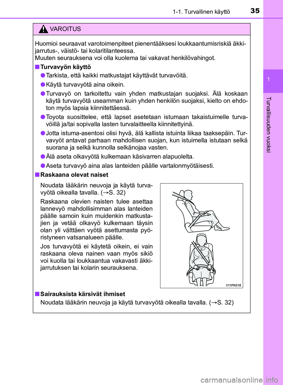 TOYOTA HILUX 2019  Omistajan Käsikirja (in Finnish) 351-1. Turvallinen käyttö
1
HILUX_OM_OM0K375FI_(EE)
Turvallisuuden vuoksi
VAROITUS
Huomioi seuraavat varotoimenpiteet pienentääksesi loukkaantumisriskiä äkki-
jarrutus-, väistö- tai kolaritila