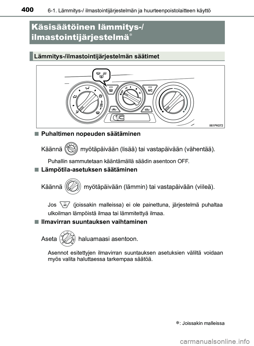 TOYOTA HILUX 2019 Omistajan Käsikirja (in Finnish) 4006-1. Lämmitys-/ ilmastointijärjestelmän ja huurteenpoistolaitteen käyttö
HILUX_OM_OM0K375FI_(EE)
Käsisäätöinen lämmitys-/
ilmastointijärjestelmä
nPuhaltimen nopeuden säätäminen
K TOYOTA HILUX 2019 Omistajan Käsikirja (in Finnish) 4006-1. Lämmitys-/ ilmastointijärjestelmän ja huurteenpoistolaitteen käyttö
HILUX_OM_OM0K375FI_(EE)
Käsisäätöinen lämmitys-/
ilmastointijärjestelmä
nPuhaltimen nopeuden säätäminen
K