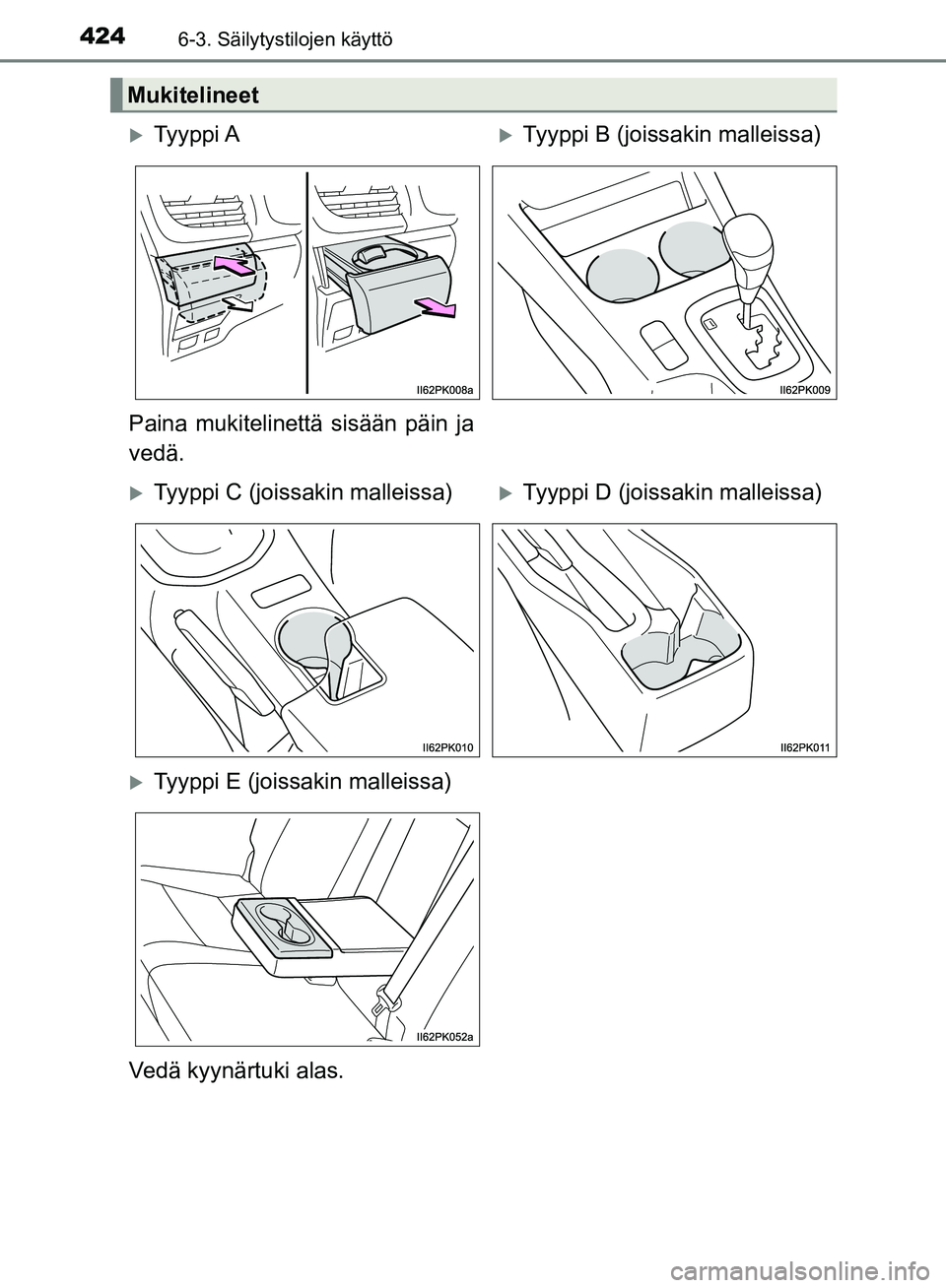 TOYOTA HILUX 2019  Omistajan Käsikirja (in Finnish) 424
HILUX_OM_OM0K375FI_(EE)
6-3. Säilytystilojen käyttö
Mukitelineet
Ty y p p i  ATyyppi B (joissakin malleissa)
Paina mukitelinettä sisään päin ja
vedä.
Tyyppi C (joissakin malleissa