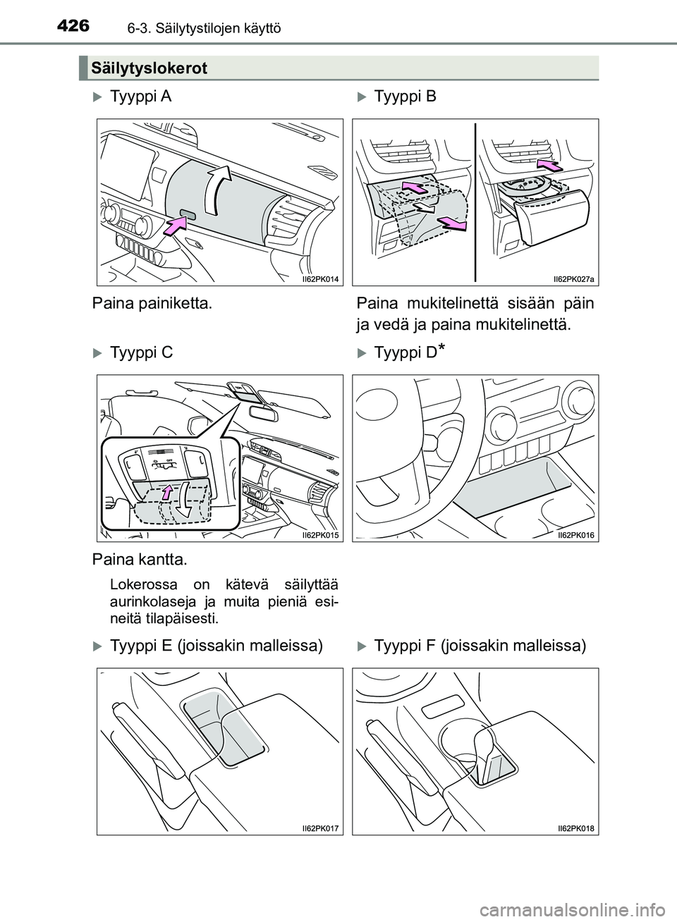 TOYOTA HILUX 2019  Omistajan Käsikirja (in Finnish) 426
HILUX_OM_OM0K375FI_(EE)
6-3. Säilytystilojen käyttö
Säilytyslokerot
Ty y p p i  ATy y p p i  B
Paina painiketta. Paina mukitelinettä sisään päin
ja vedä ja paina mukitelinettä.
