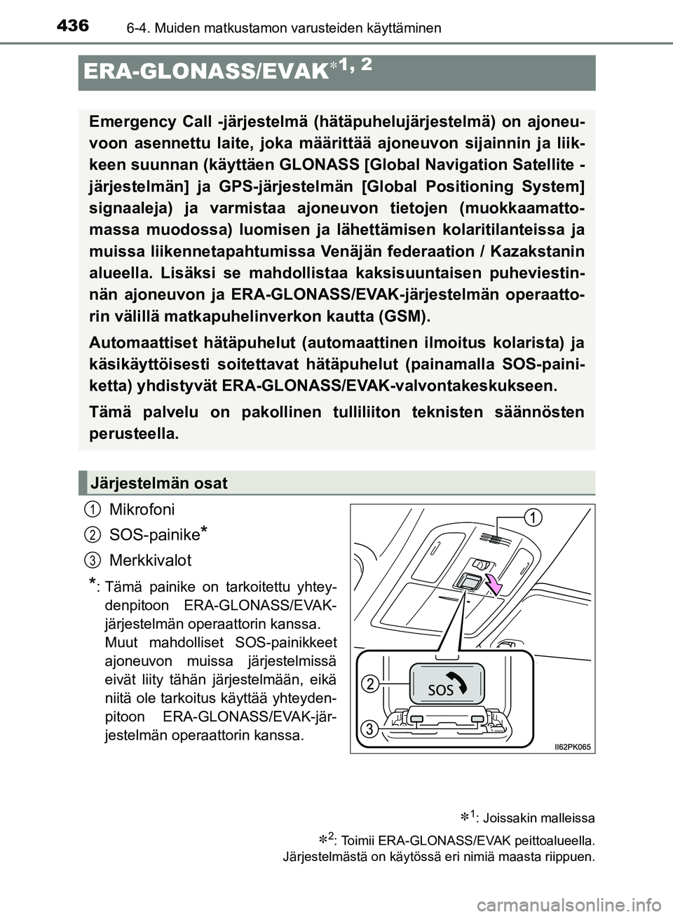 TOYOTA HILUX 2019  Omistajan Käsikirja (in Finnish) 4366-4. Muiden matkustamon varusteiden käyttäminen
HILUX_OM_OM0K375FI_(EE)
ERA-GLONASS/EVAK1, 2
Mikrofoni
SOS-painike
*
Merkkivalot
*: Tämä painike on tarkoitettu yhtey-denpitoon ERA-GLONASS/EV