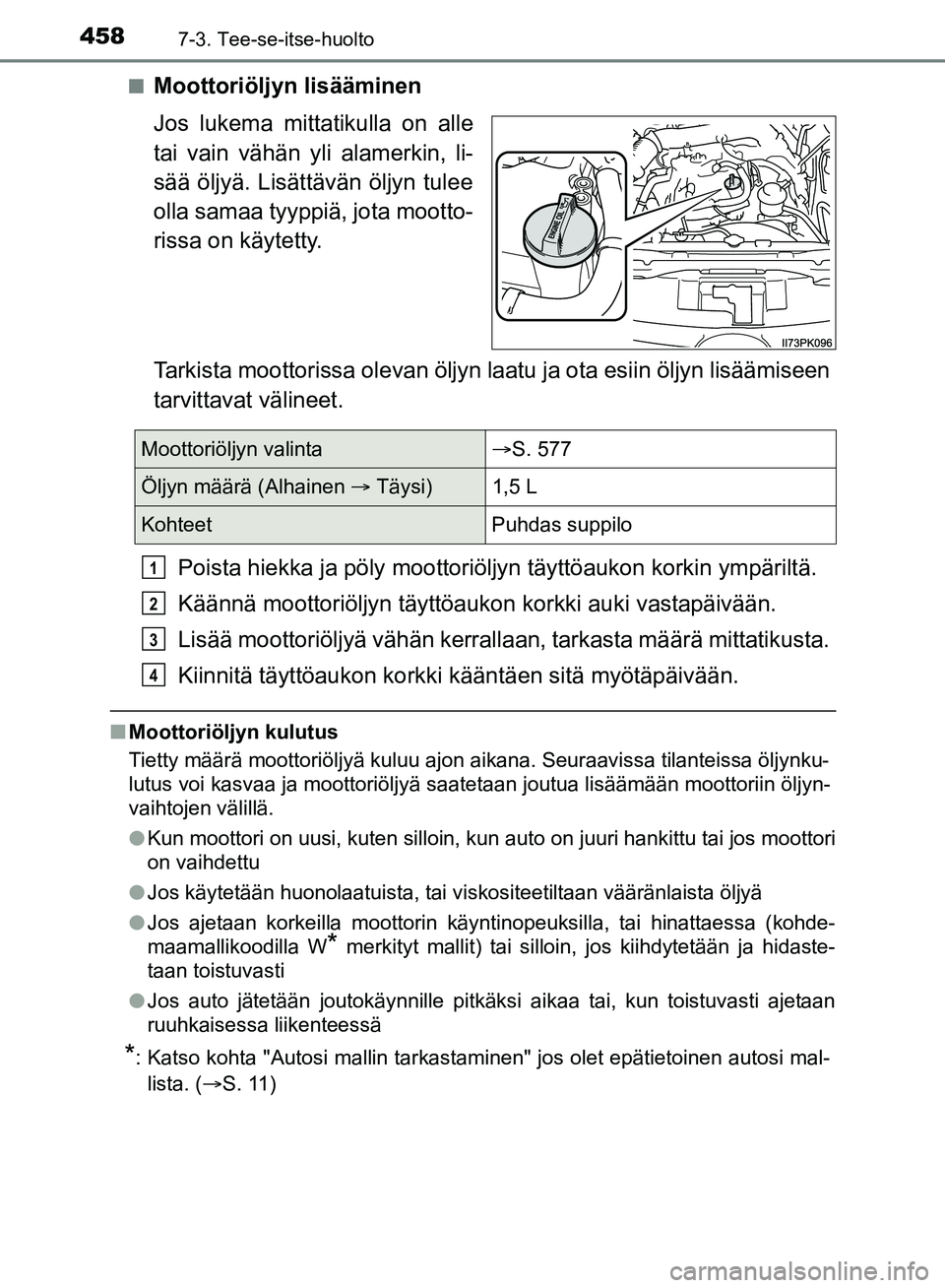 TOYOTA HILUX 2019 Omistajan Käsikirja (in Finnish) 4587-3. Tee-se-itse-huolto
HILUX_OM_OM0K375FI_(EE)n
Moottoriöljyn lisääminen
Jos lukema mittatikulla on alle
tai vain vähän yli alamerkin, li-
sää öljyä. Lisättävän öljyn tulee
olla samaa TOYOTA HILUX 2019 Omistajan Käsikirja (in Finnish) 4587-3. Tee-se-itse-huolto
HILUX_OM_OM0K375FI_(EE)n
Moottoriöljyn lisääminen
Jos lukema mittatikulla on alle
tai vain vähän yli alamerkin, li-
sää öljyä. Lisättävän öljyn tulee
olla samaa