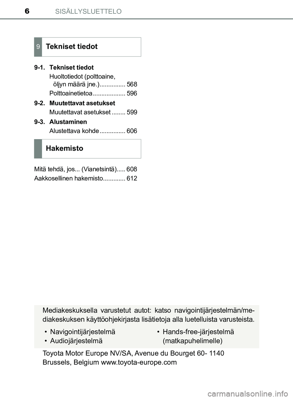 TOYOTA HILUX 2019  Omistajan Käsikirja (in Finnish) SISÄLLYSLUETTELO6
HILUX_OM_OM0K375FI_(EE)9-1. Tekniset tiedot
Huoltotiedot (polttoaine, öljyn määrä jne.) ............... 568
Polttoainetietoa ................... 596
9-2. Muutettavat asetukset M