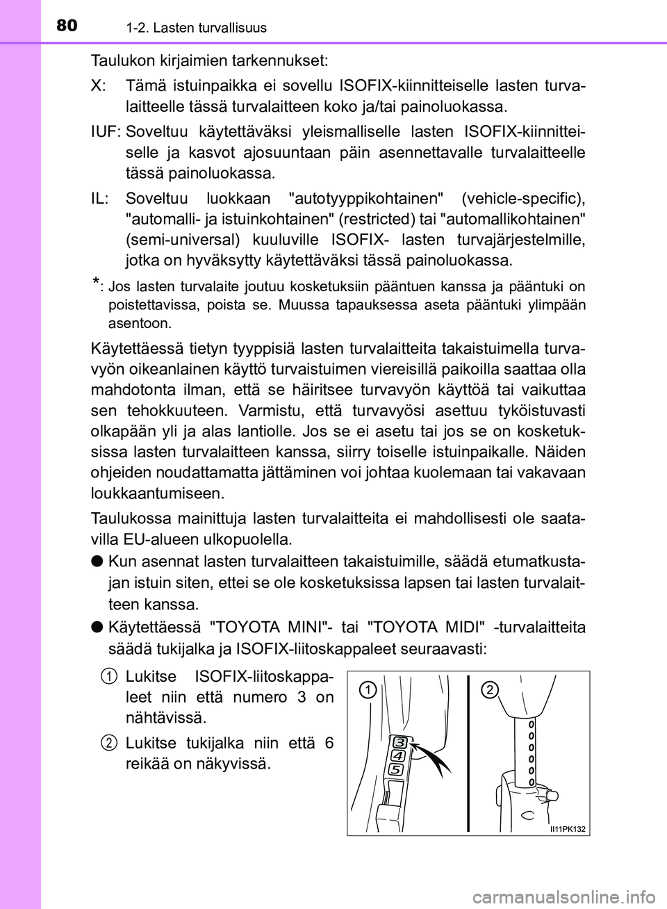 TOYOTA HILUX 2019 Omistajan Käsikirja (in Finnish) 801-2. Lasten turvallisuus
HILUX_OM_OM0K375FI_(EE)
Taulukon kirjaimien tarkennukset:
X: Tämä istuinpaikka ei sovellu ISOFIX-kiinnitteiselle lasten turva-
laitteelle tässä turvalaitteen koko ja/tai TOYOTA HILUX 2019 Omistajan Käsikirja (in Finnish) 801-2. Lasten turvallisuus
HILUX_OM_OM0K375FI_(EE)
Taulukon kirjaimien tarkennukset:
X: Tämä istuinpaikka ei sovellu ISOFIX-kiinnitteiselle lasten turva-
laitteelle tässä turvalaitteen koko ja/tai