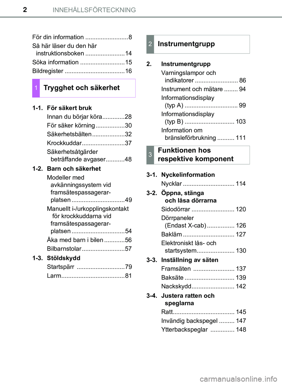 TOYOTA HILUX 2019 Bruksanvisningar (in Swedish) INNEHÅLLSFÖRTECKNING2
HILUX_OM_OM0K375SEFör din information .........................8
Så här läser du den här
instruktionsboken .......................14
Söka information ................... TOYOTA HILUX 2019 Bruksanvisningar (in Swedish) INNEHÅLLSFÖRTECKNING2
HILUX_OM_OM0K375SEFör din information .........................8
Så här läser du den här
instruktionsboken .......................14
Söka information ...................